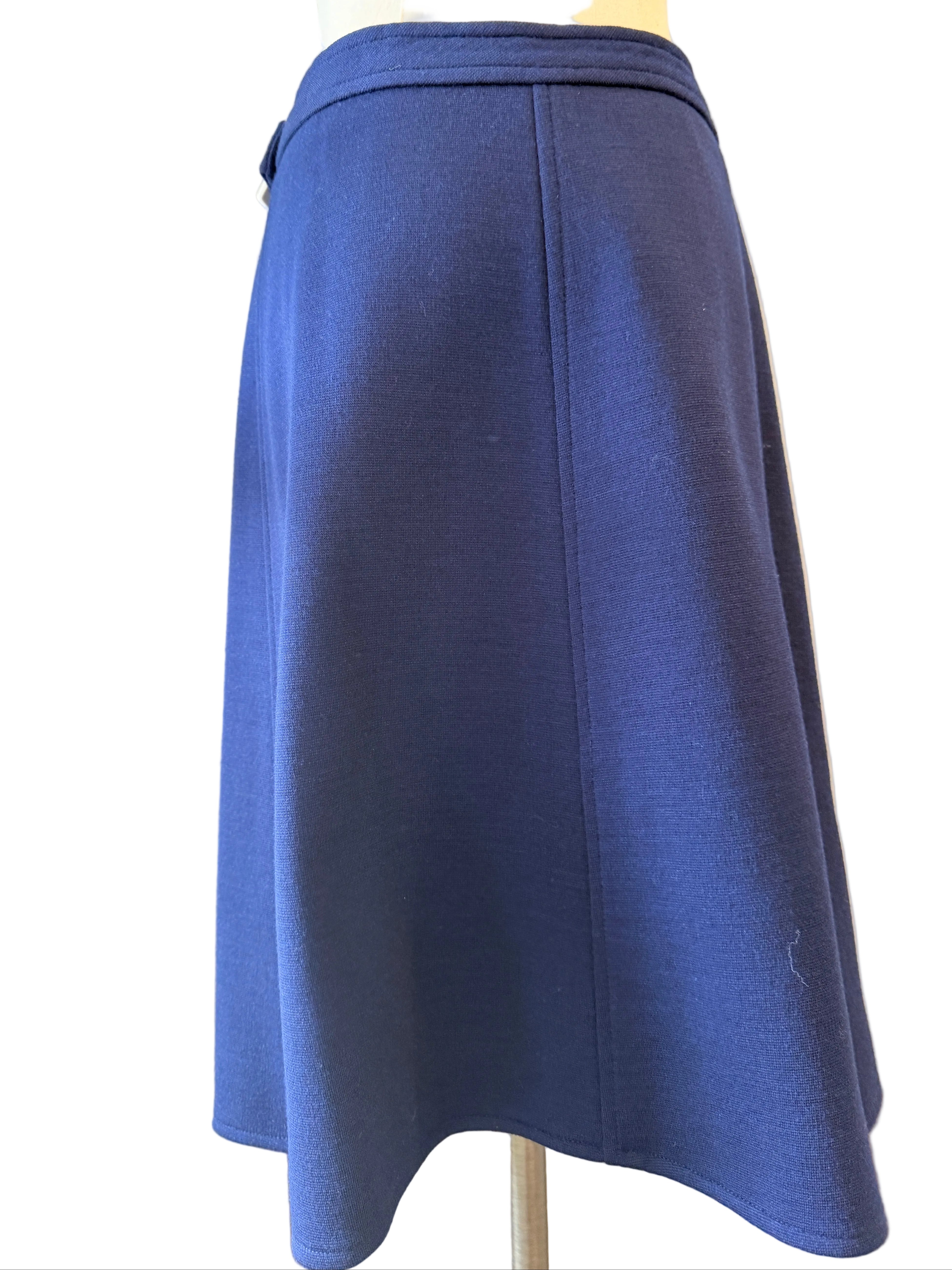 1960s Courrèges Navy Wool Wrap Skirt with White Buckle & Embroidered Logo Waistband