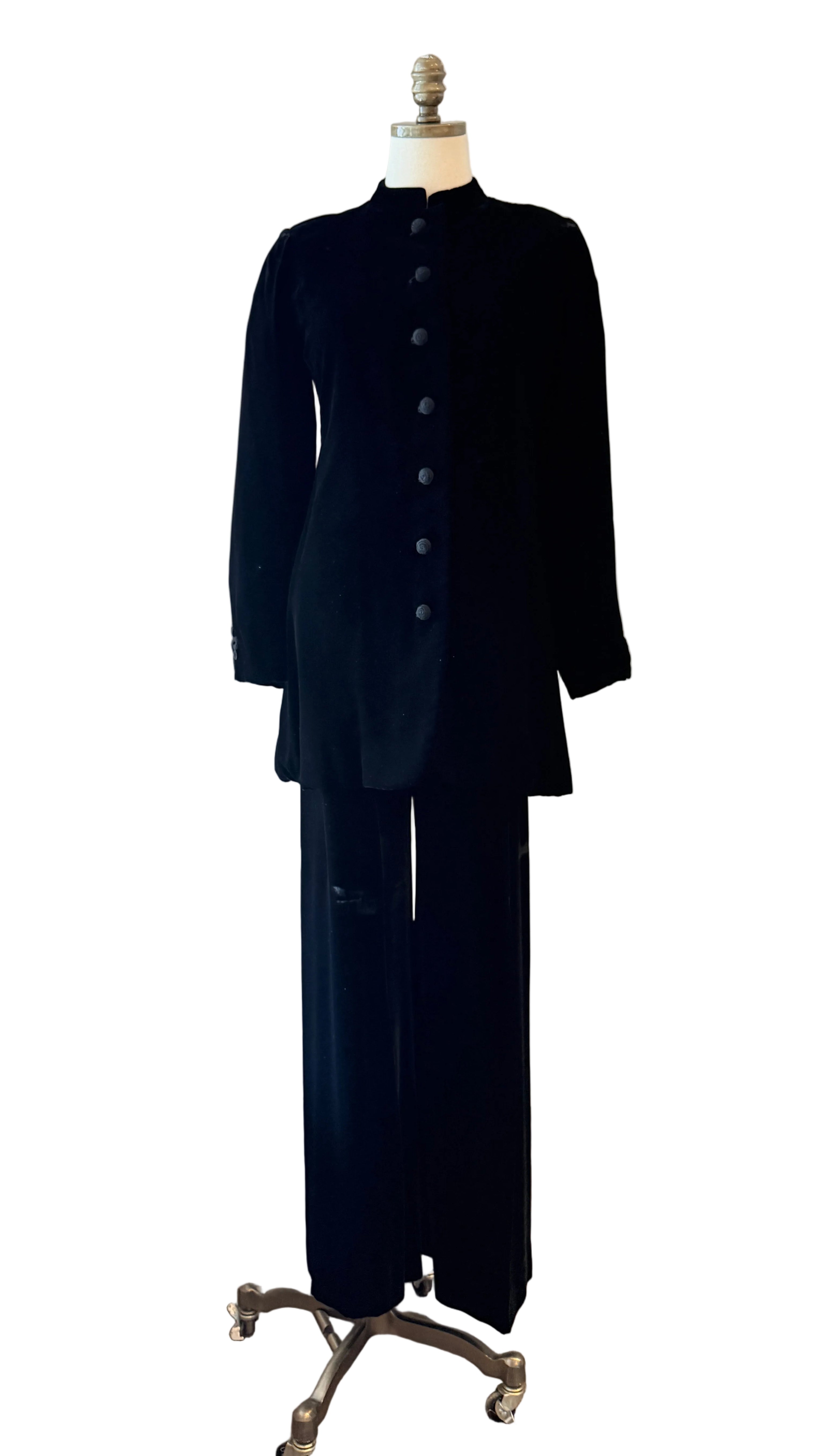 1970s Yves Saint Laurent Black Velvet Two-Piece Ensemble with Rope Knot Belt