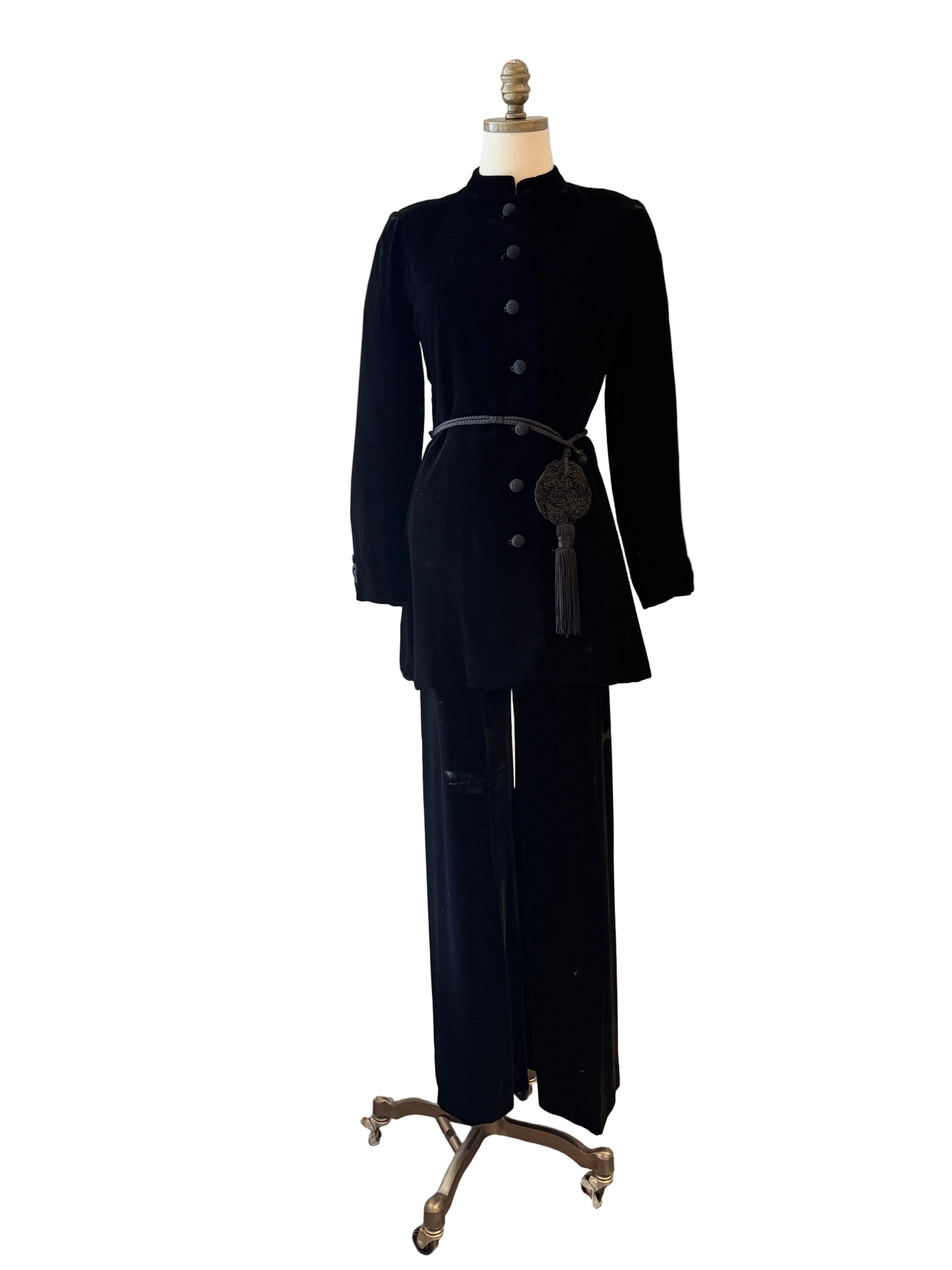 1970s Yves Saint Laurent Black Velvet Two-Piece Ensemble with Rope Knot Belt