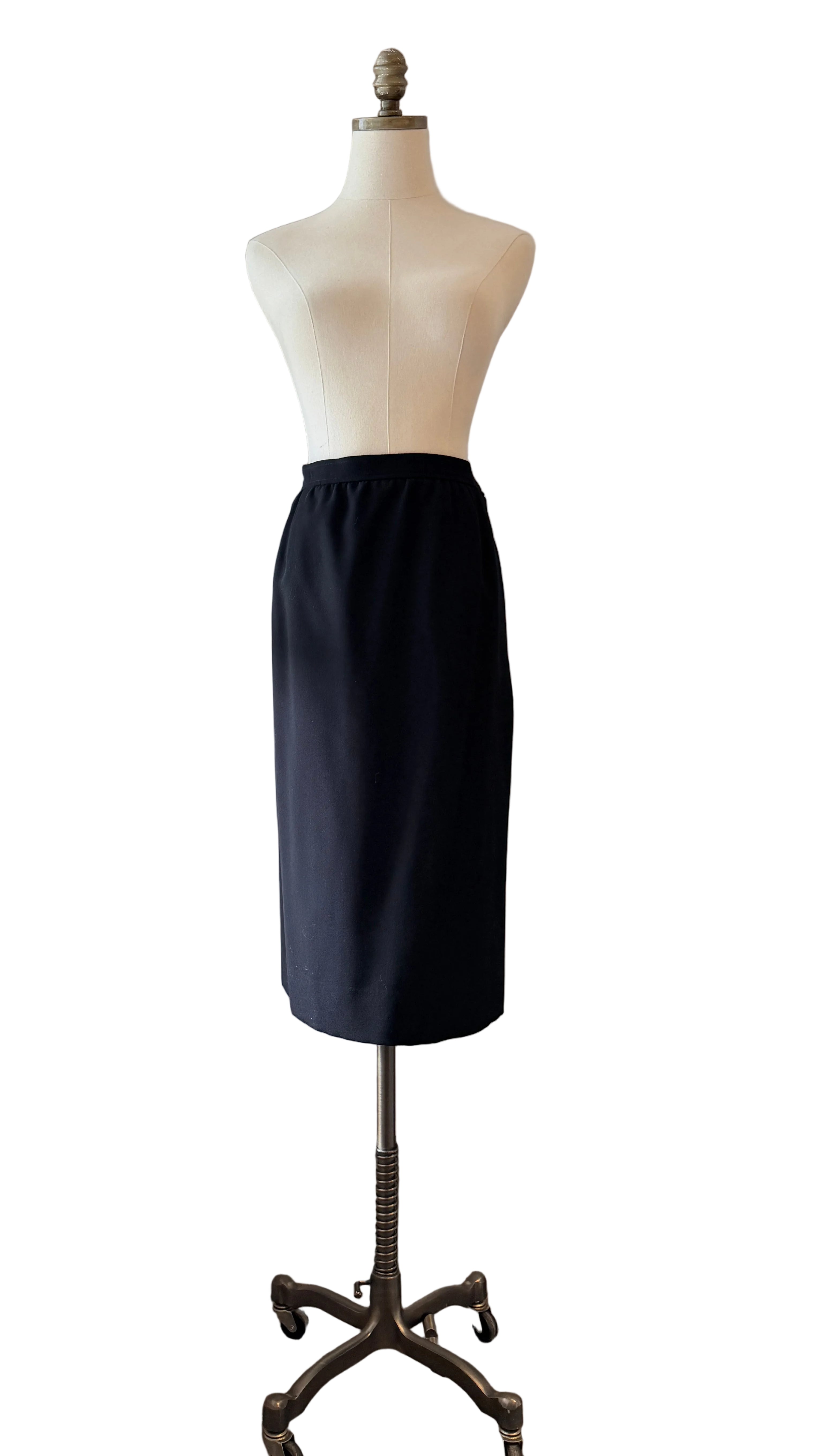 1970s Yves Saint Laurent Black Two-Piece Skirt Suit with Velvet Collar & Rhinestone Buttons