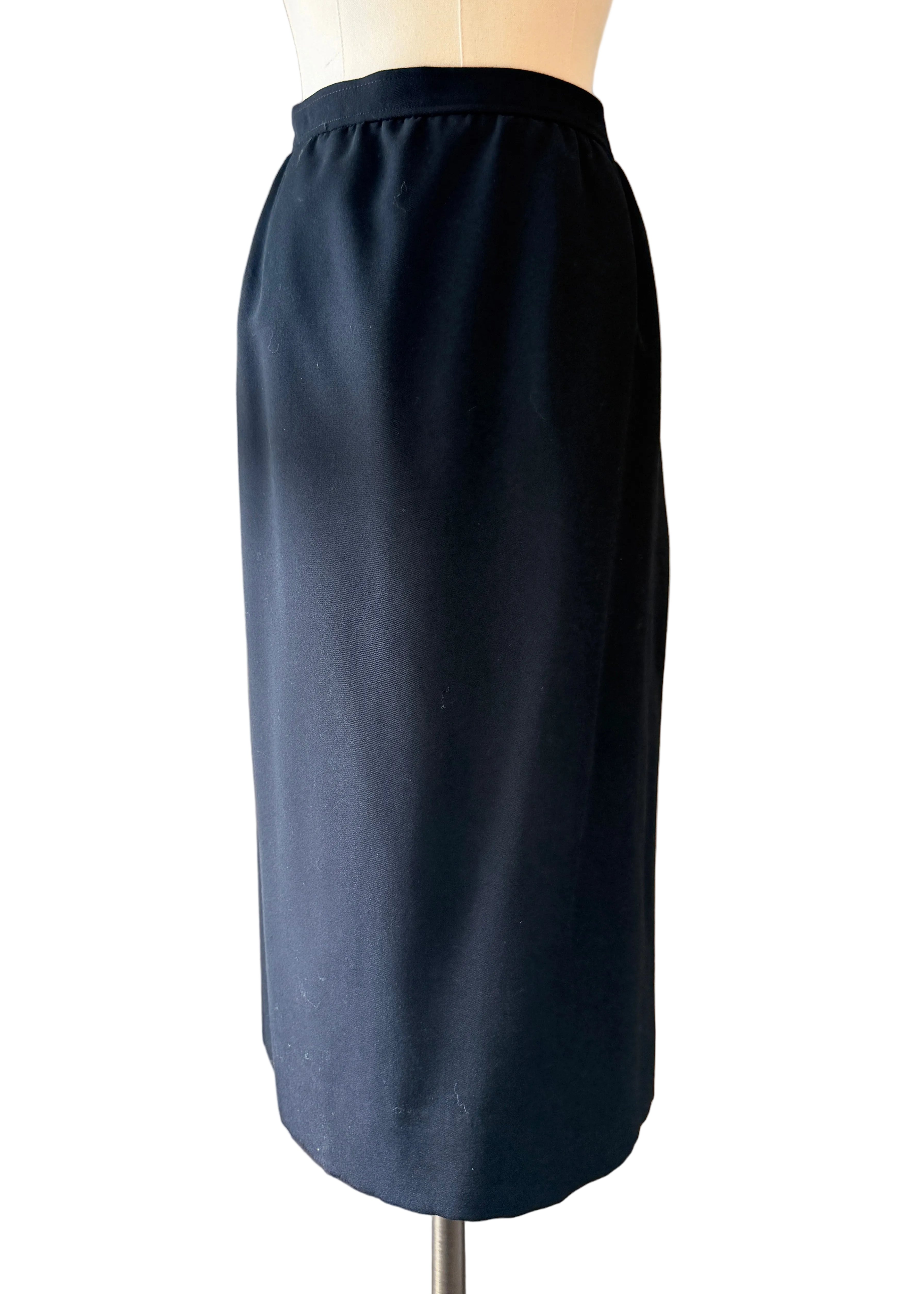1970s Yves Saint Laurent Black Two-Piece Skirt Suit with Velvet Collar & Rhinestone Buttons