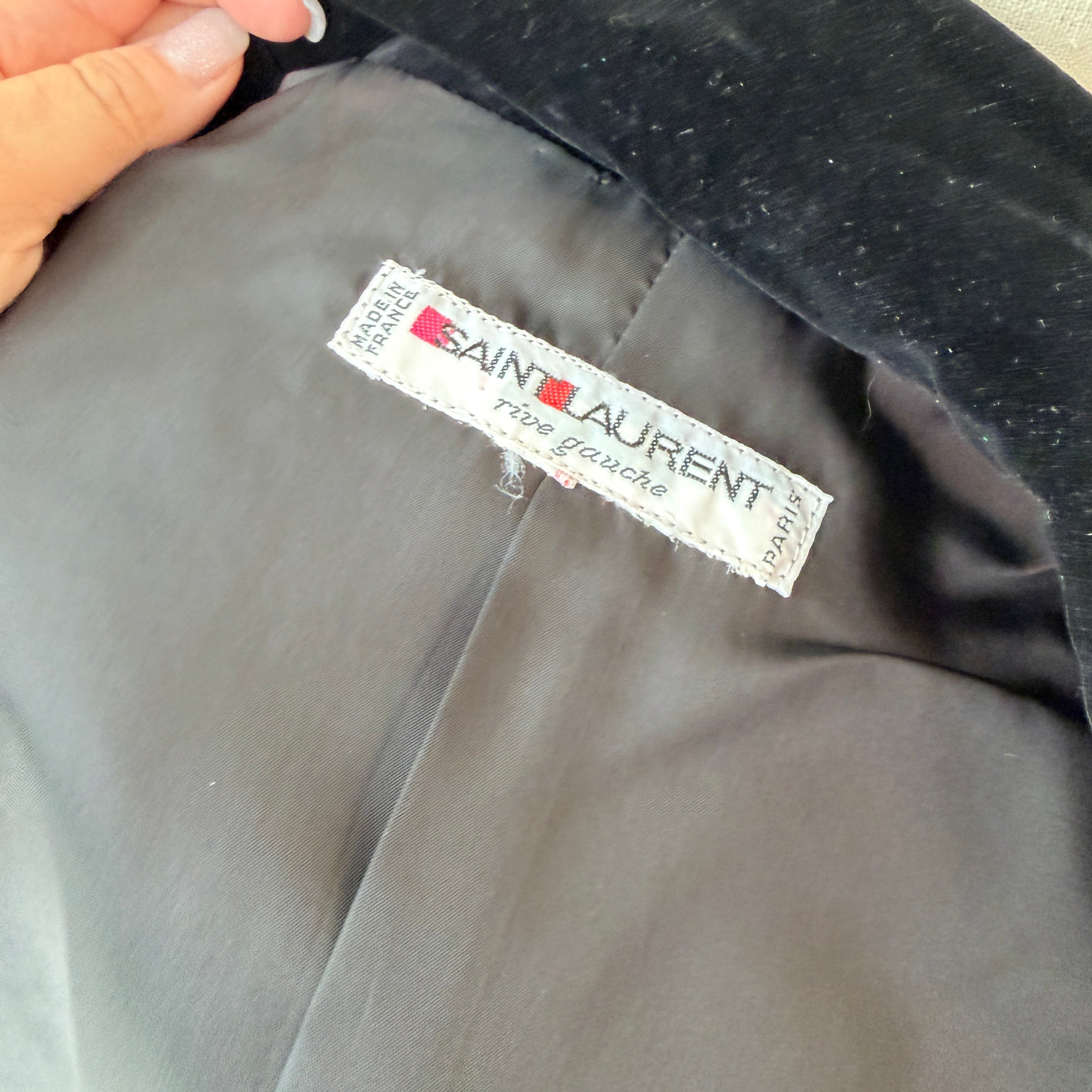 1970s Yves Saint Laurent Black Two-Piece Skirt Suit with Velvet Collar & Rhinestone Buttons