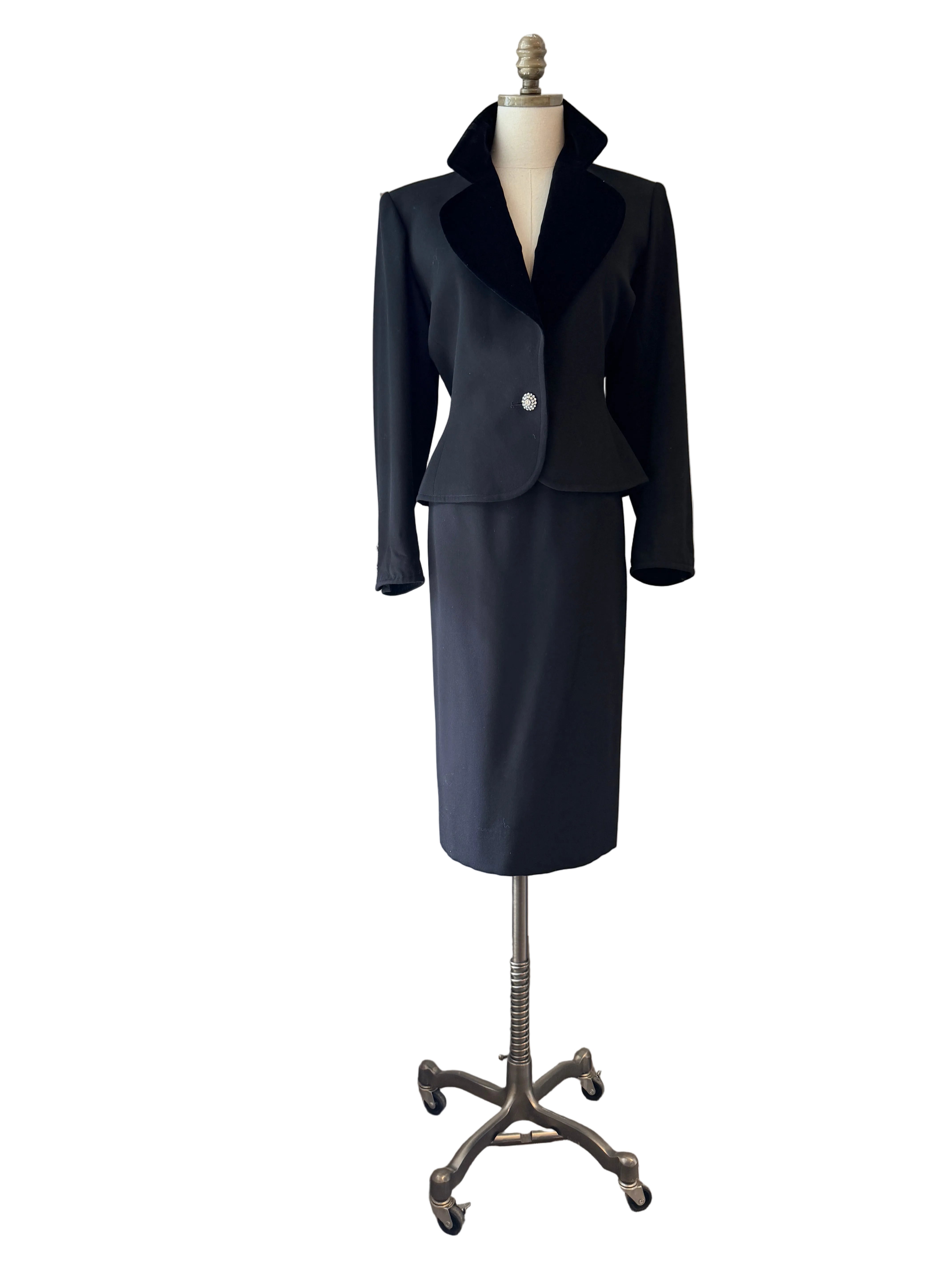 1970s Yves Saint Laurent Black Two-Piece Skirt Suit with Velvet Collar & Rhinestone Buttons