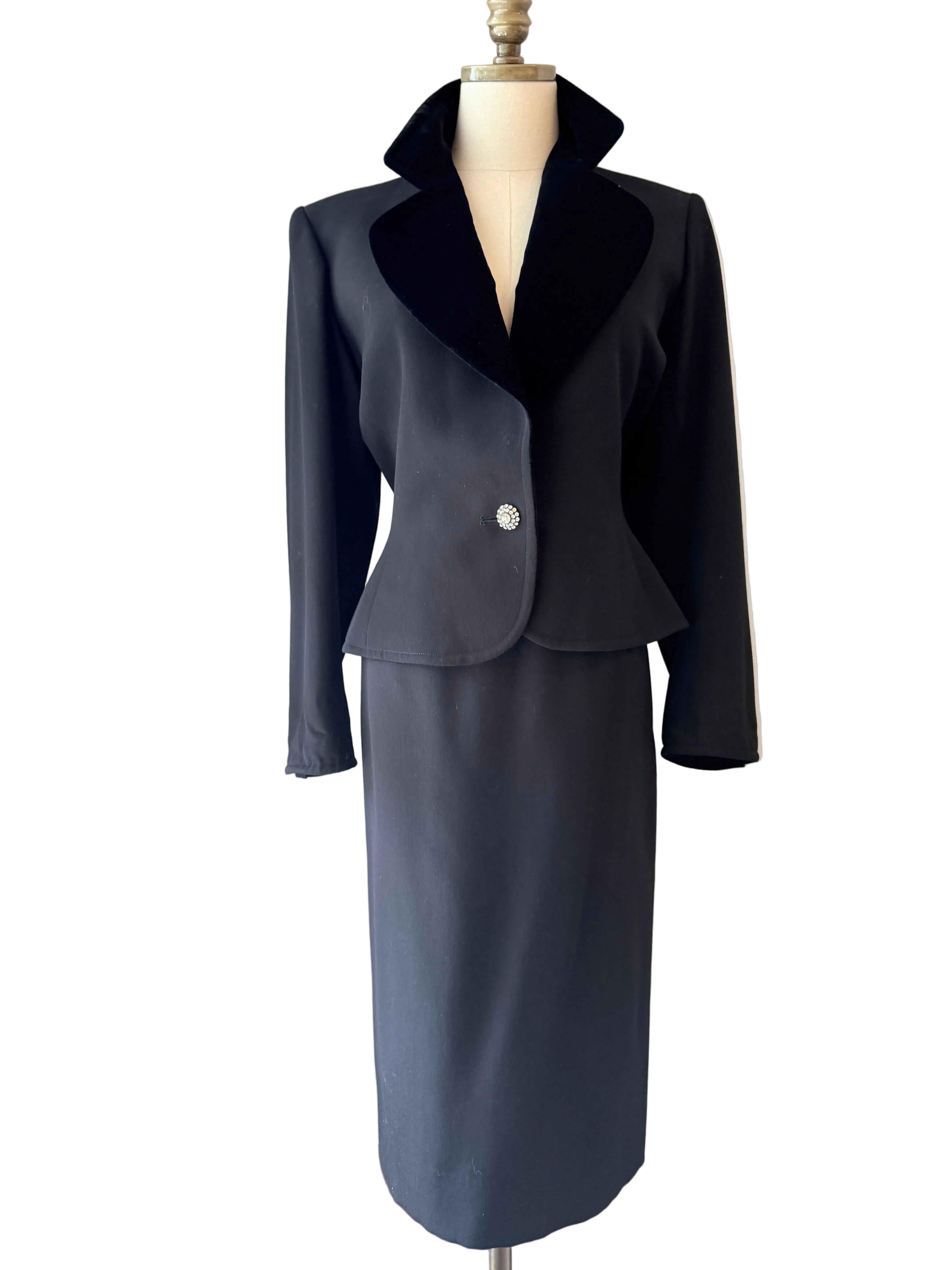 1970s Yves Saint Laurent Black Two-Piece Skirt Suit with Velvet Collar & Rhinestone Buttons