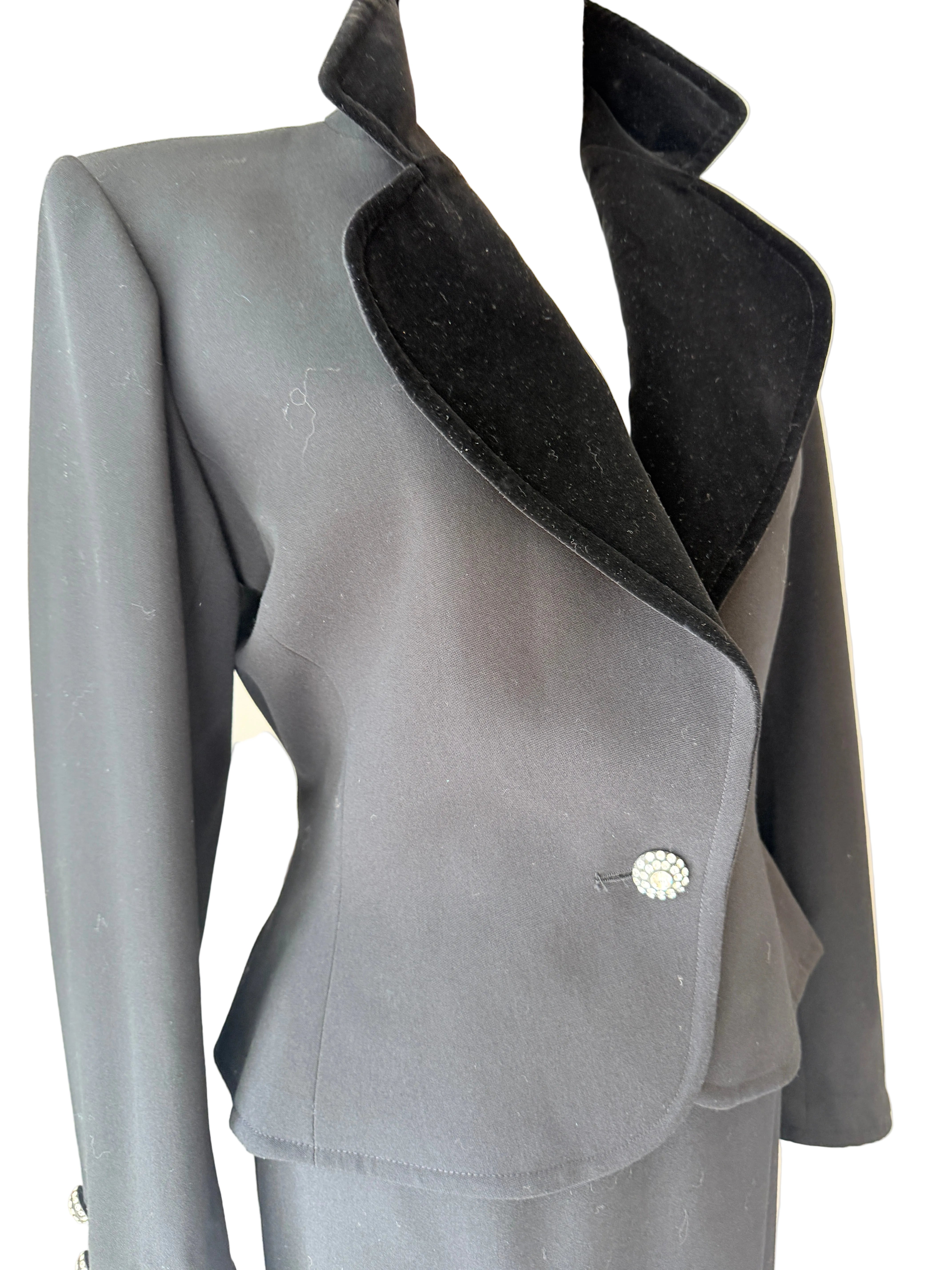 1970s Yves Saint Laurent Black Two-Piece Skirt Suit with Velvet Collar & Rhinestone Buttons