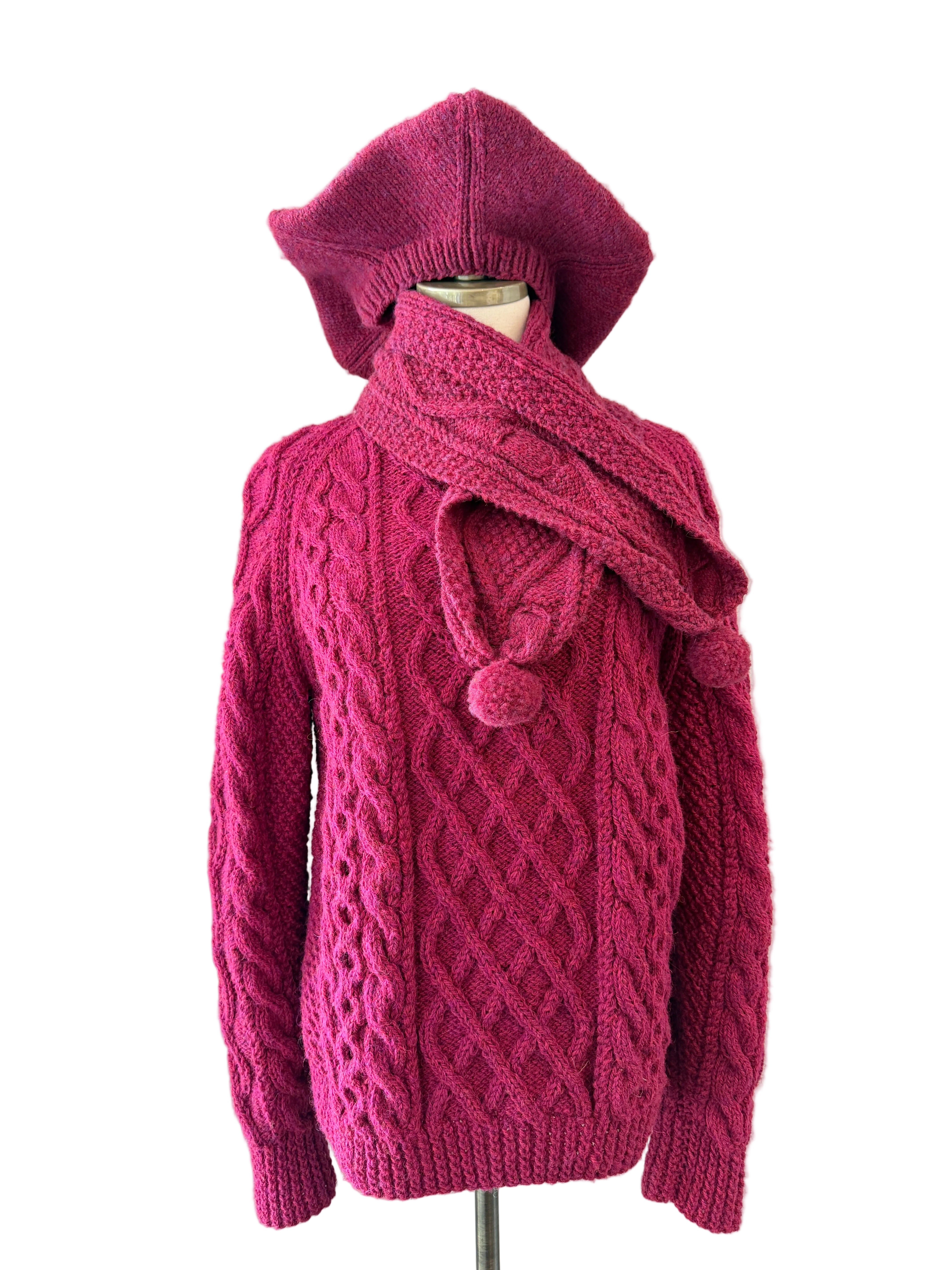 1970s Cleo Ltd. Dublin Magenta Fisherman Sweater, Beret & Scarf Set (3-Piece)