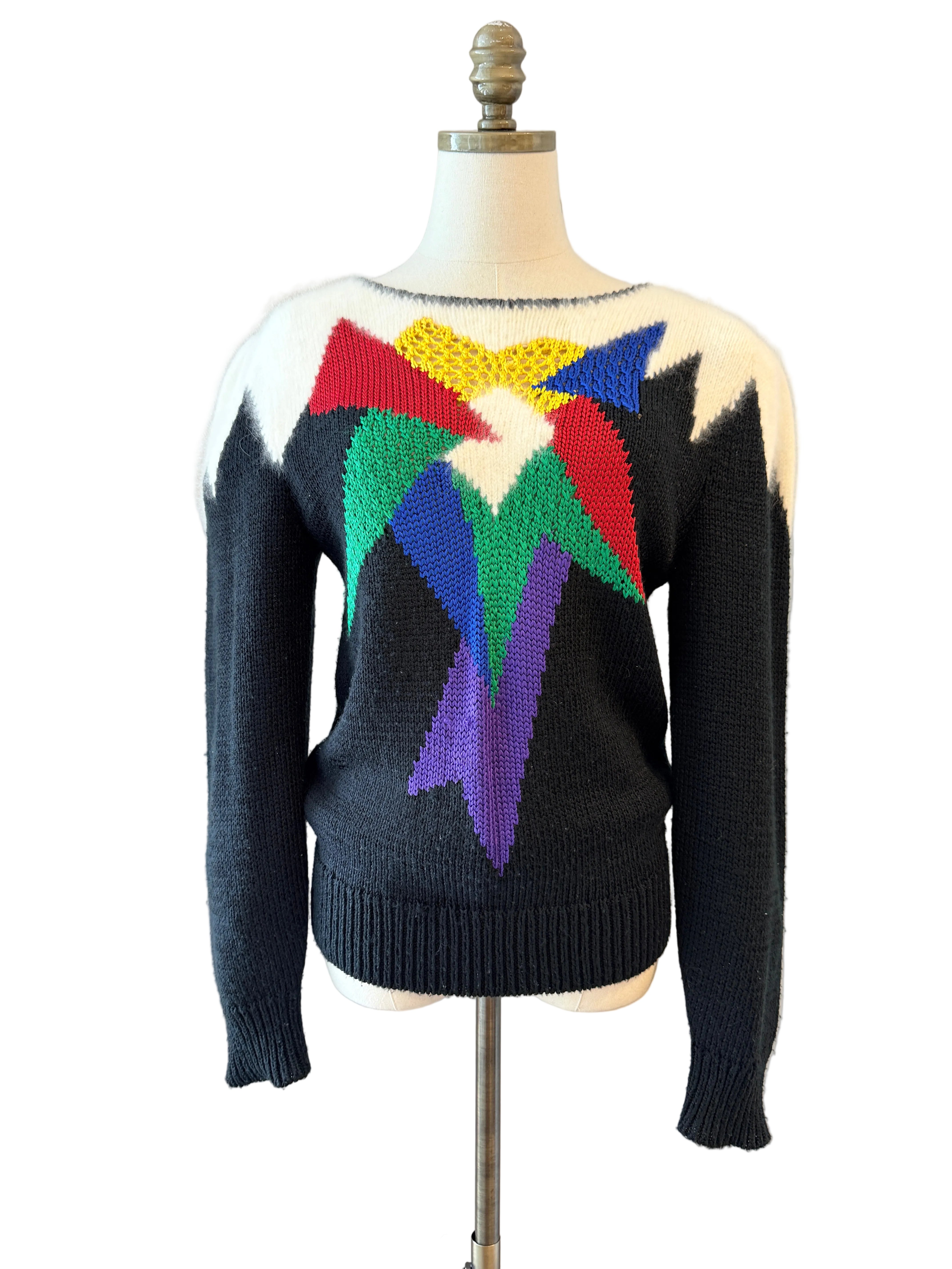 1980s Alexandria Black Sweater with Angora Shoulders & Primary Color Front Design