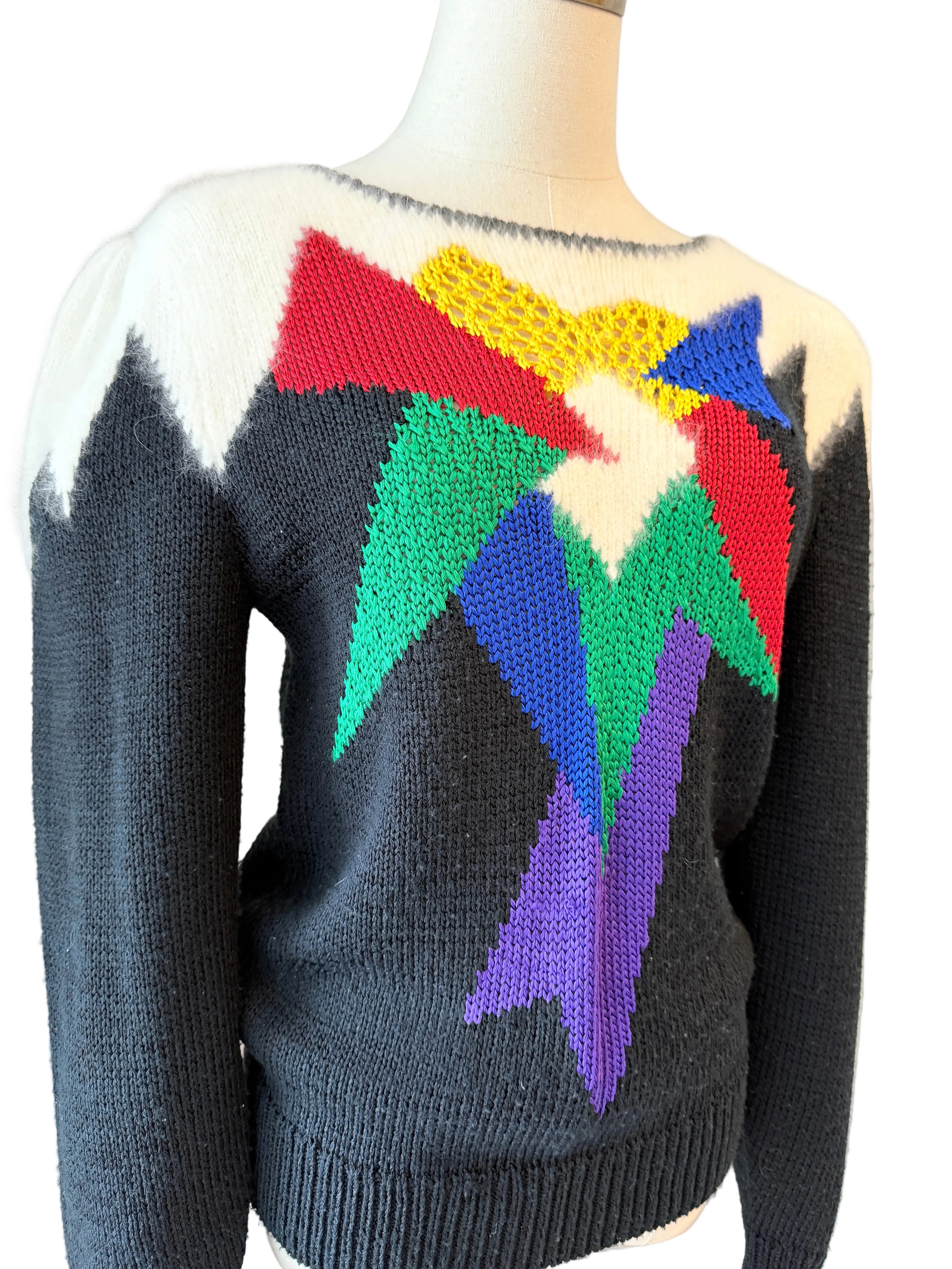 1980s Alexandria Black Sweater with Angora Shoulders & Primary Color Front Design