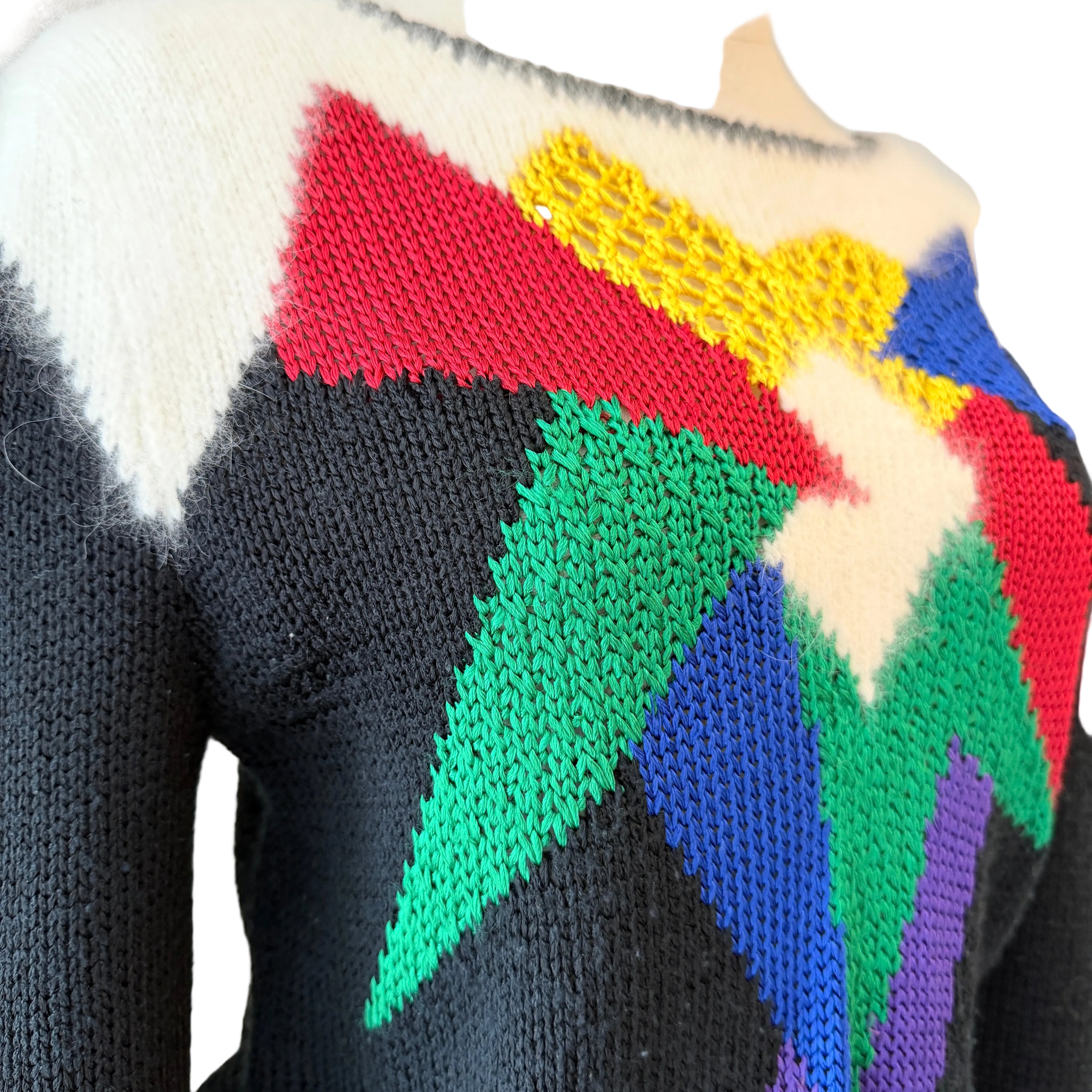 1980s Alexandria Black Sweater with Angora Shoulders & Primary Color Front Design