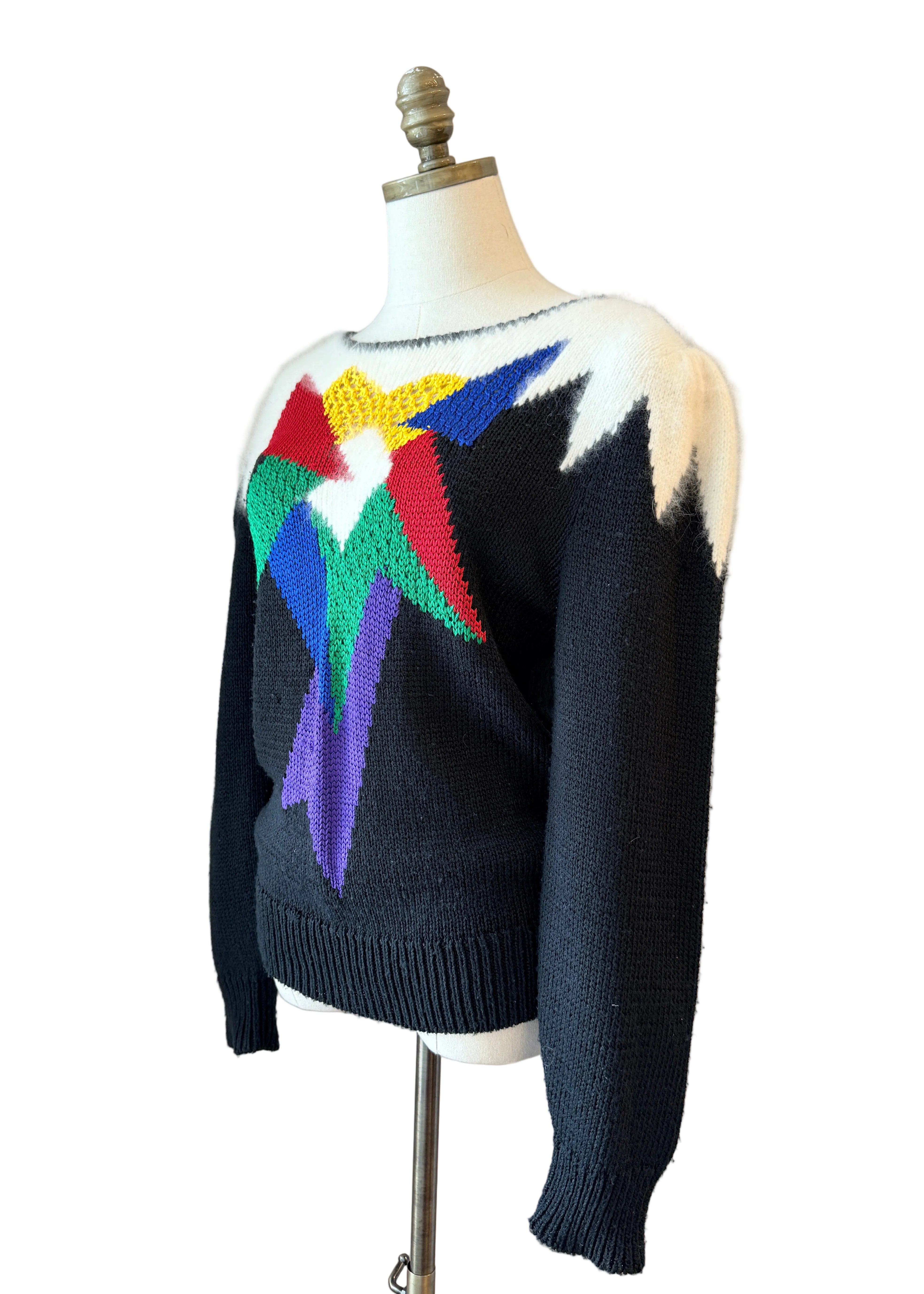 1980s Alexandria Black Sweater with Angora Shoulders & Primary Color Front Design