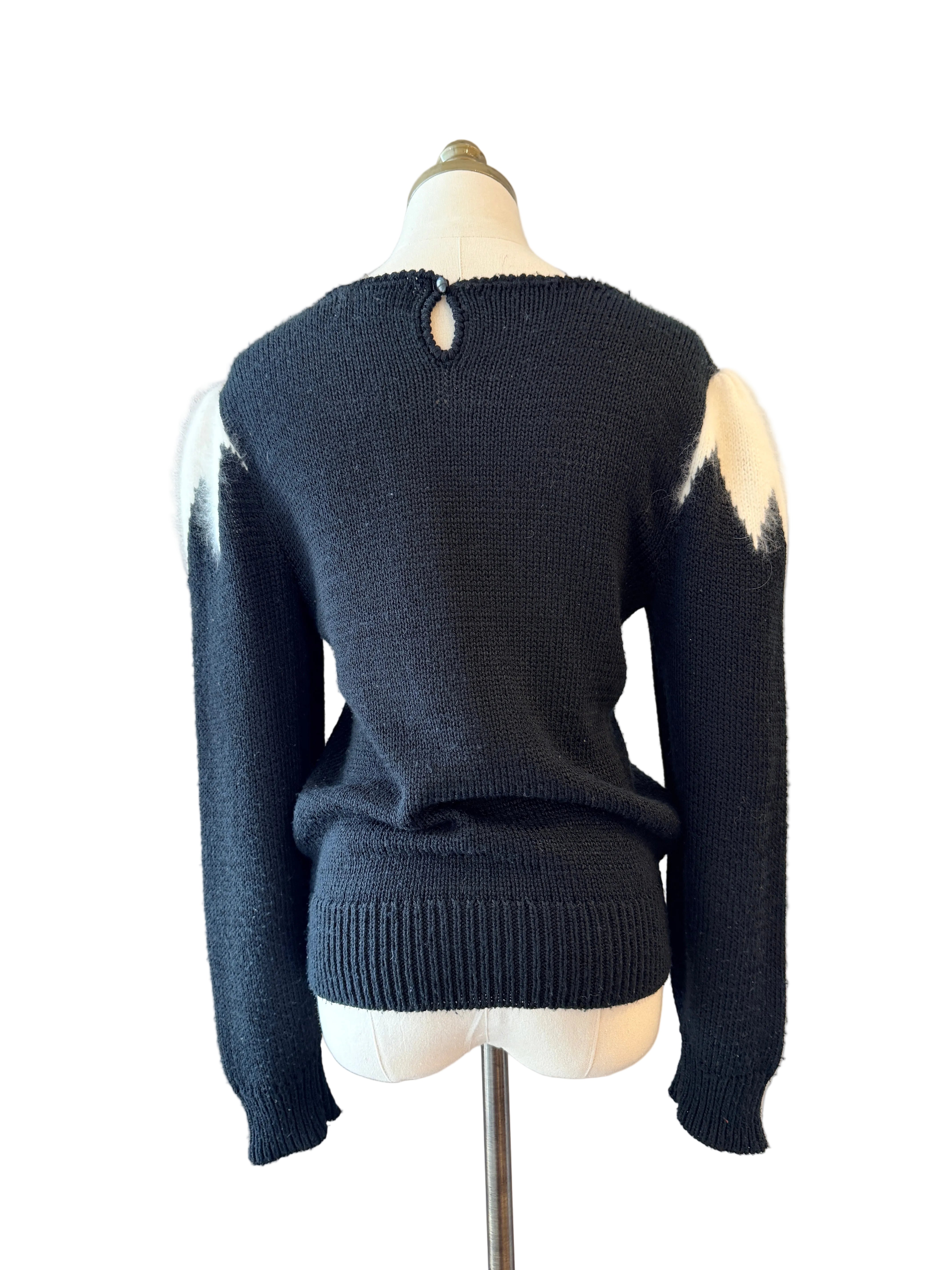 1980s Alexandria Black Sweater with Angora Shoulders & Primary Color Front Design