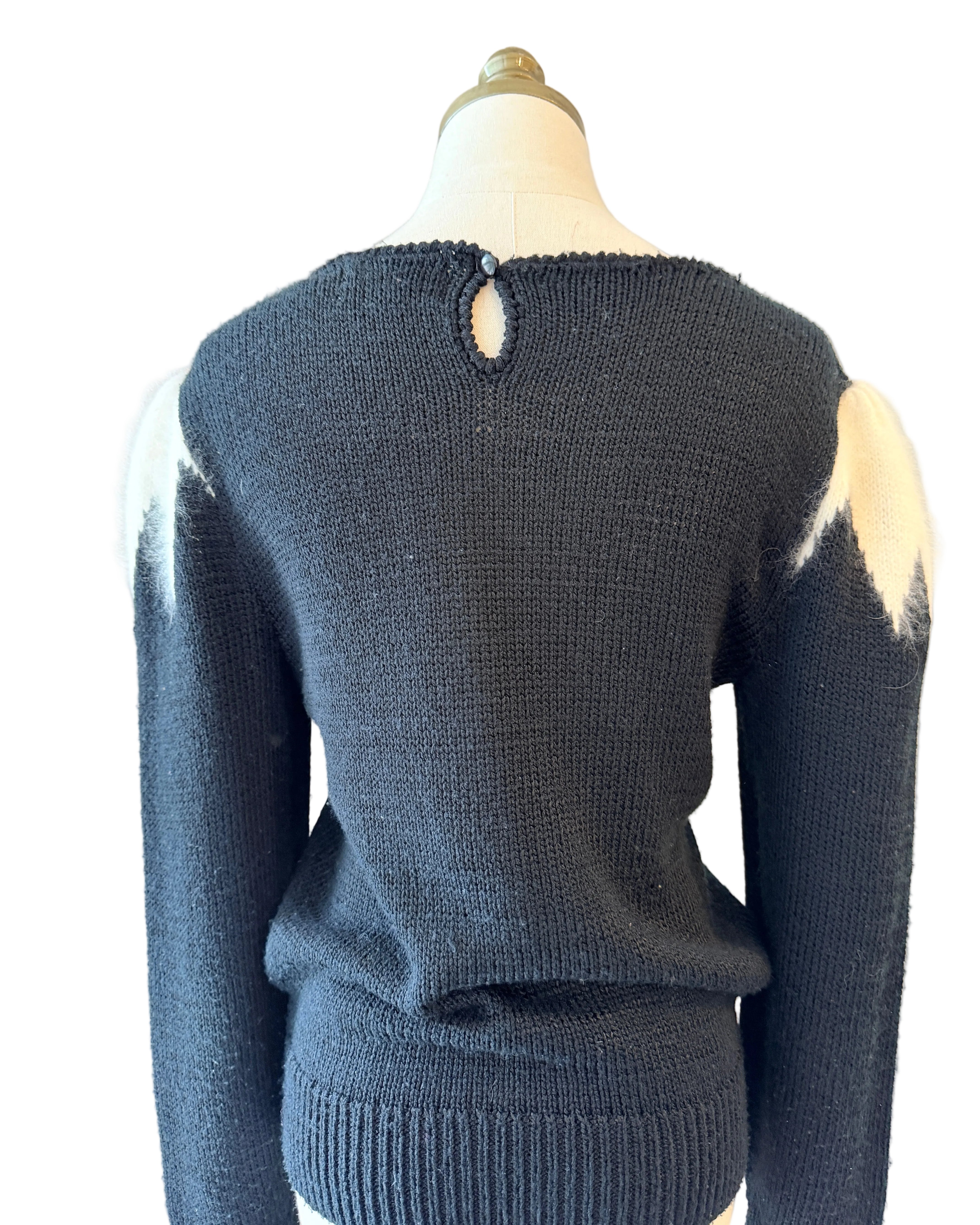 1980s Alexandria Black Sweater with Angora Shoulders & Primary Color Front Design