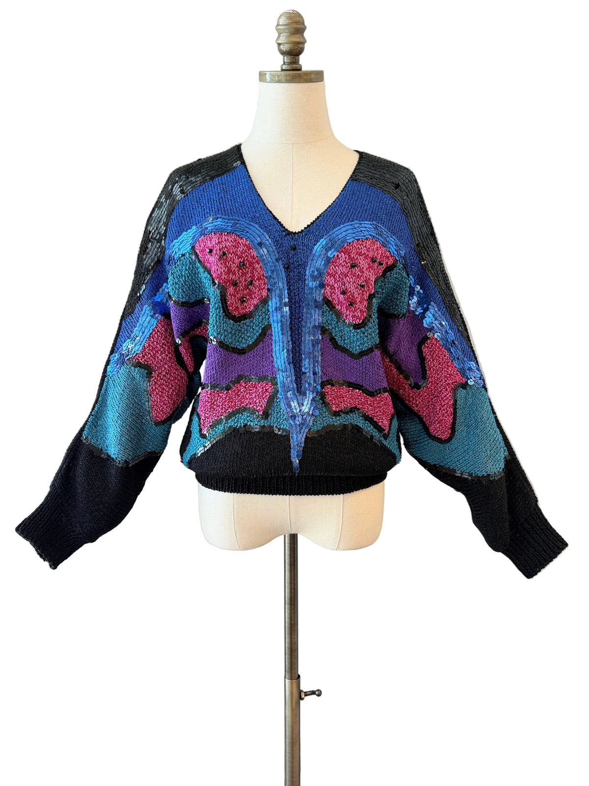 1980s Ann Tella Black Knit Sweater with Jewel-Tone Butterfly & Sequins