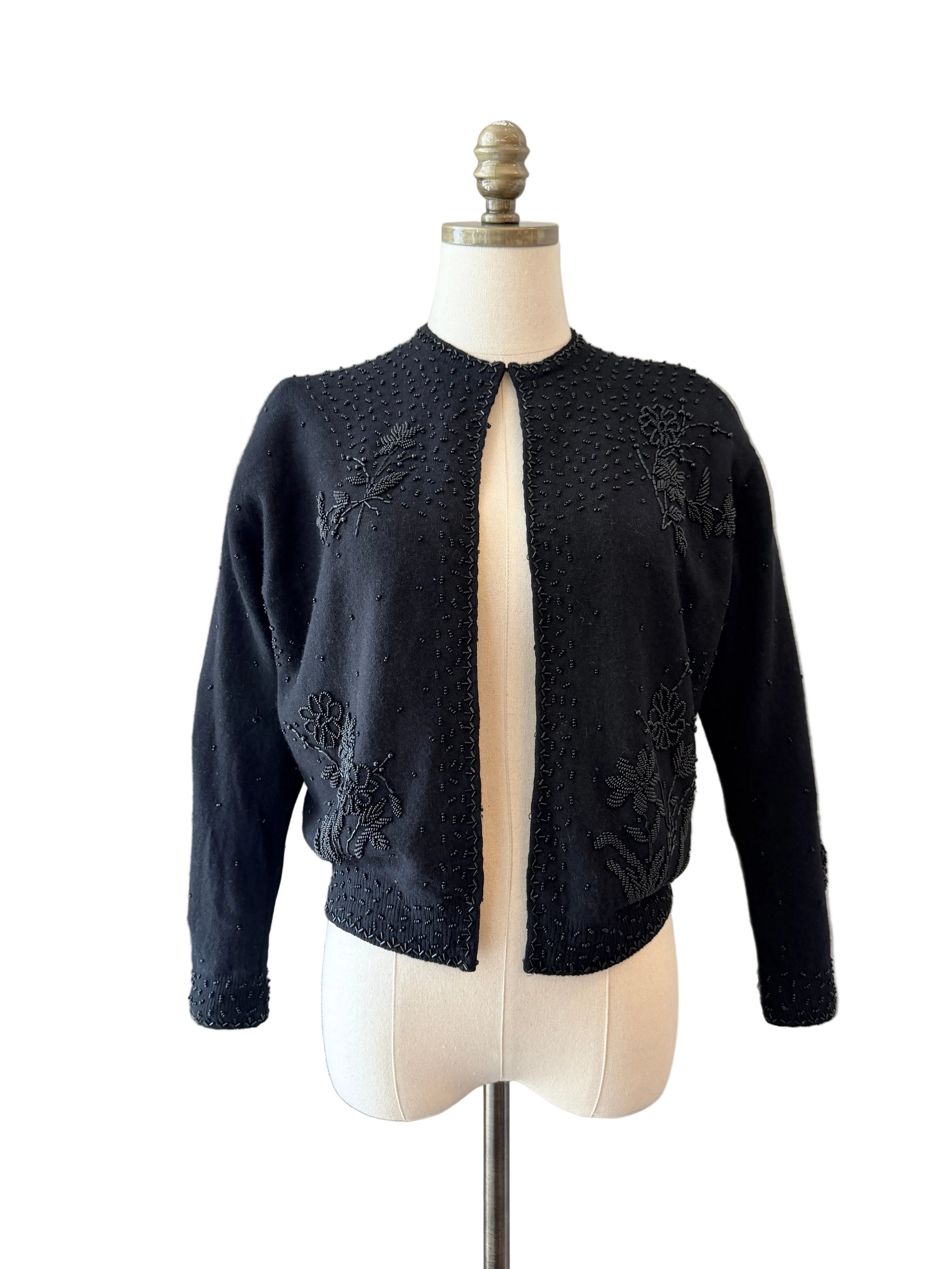 1950s Black Wool Cardigan with Beaded Embellishments