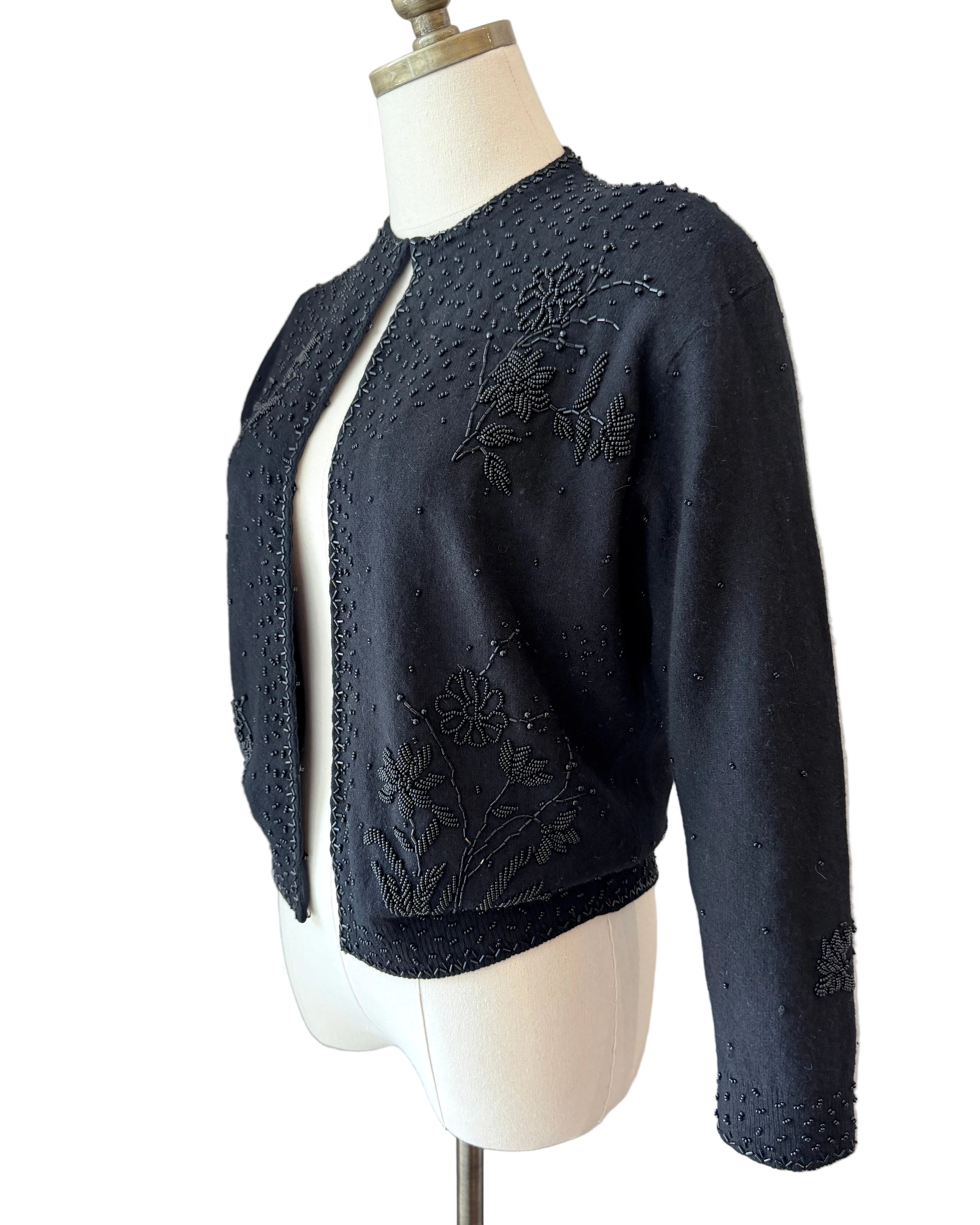1950s Black Wool Cardigan with Beaded Embellishments