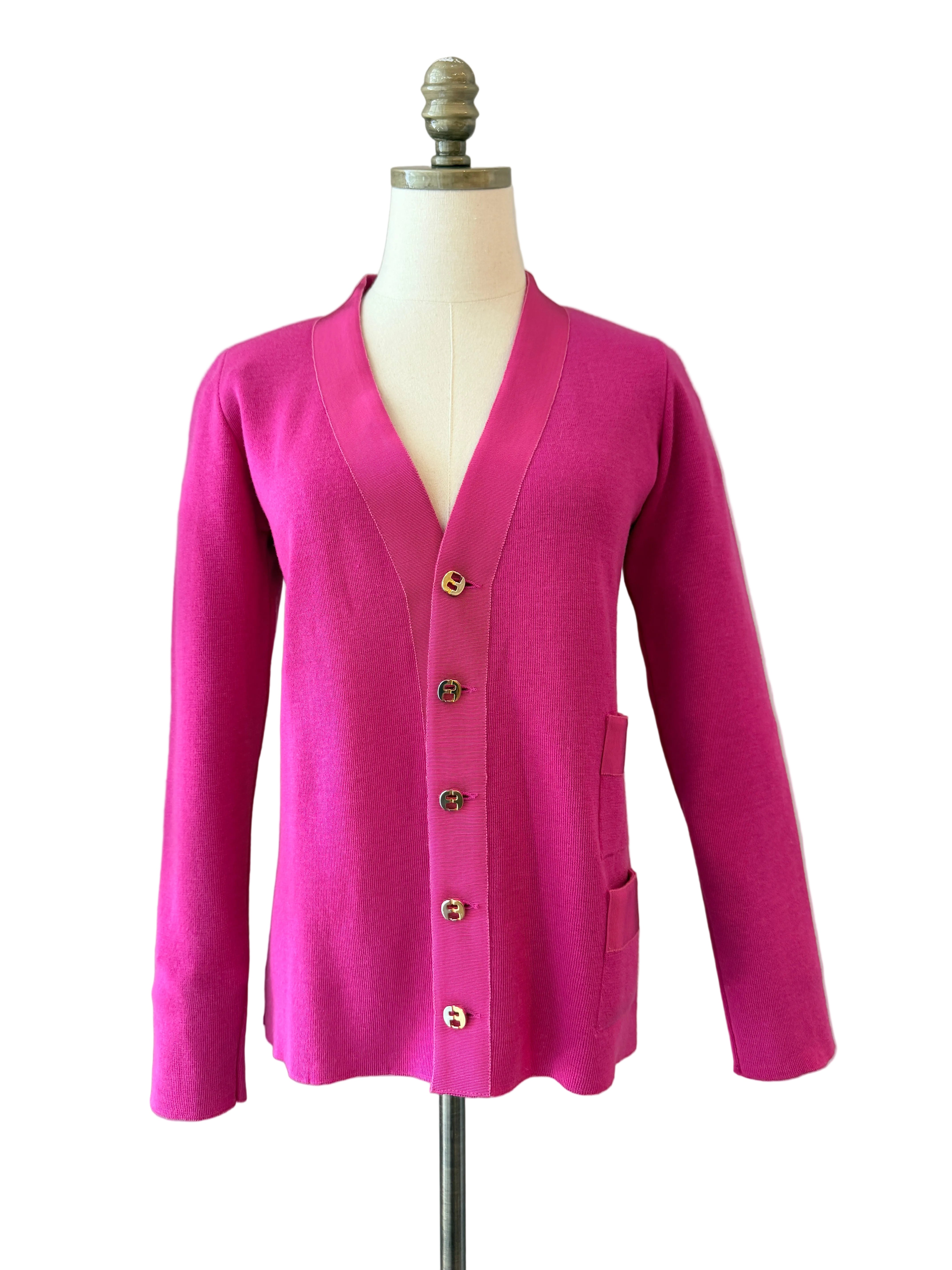1980s Salvatore Ferragamo Fuchsia Cardigan Sweater with Grosgrain Trim & Double Gancini Buttons