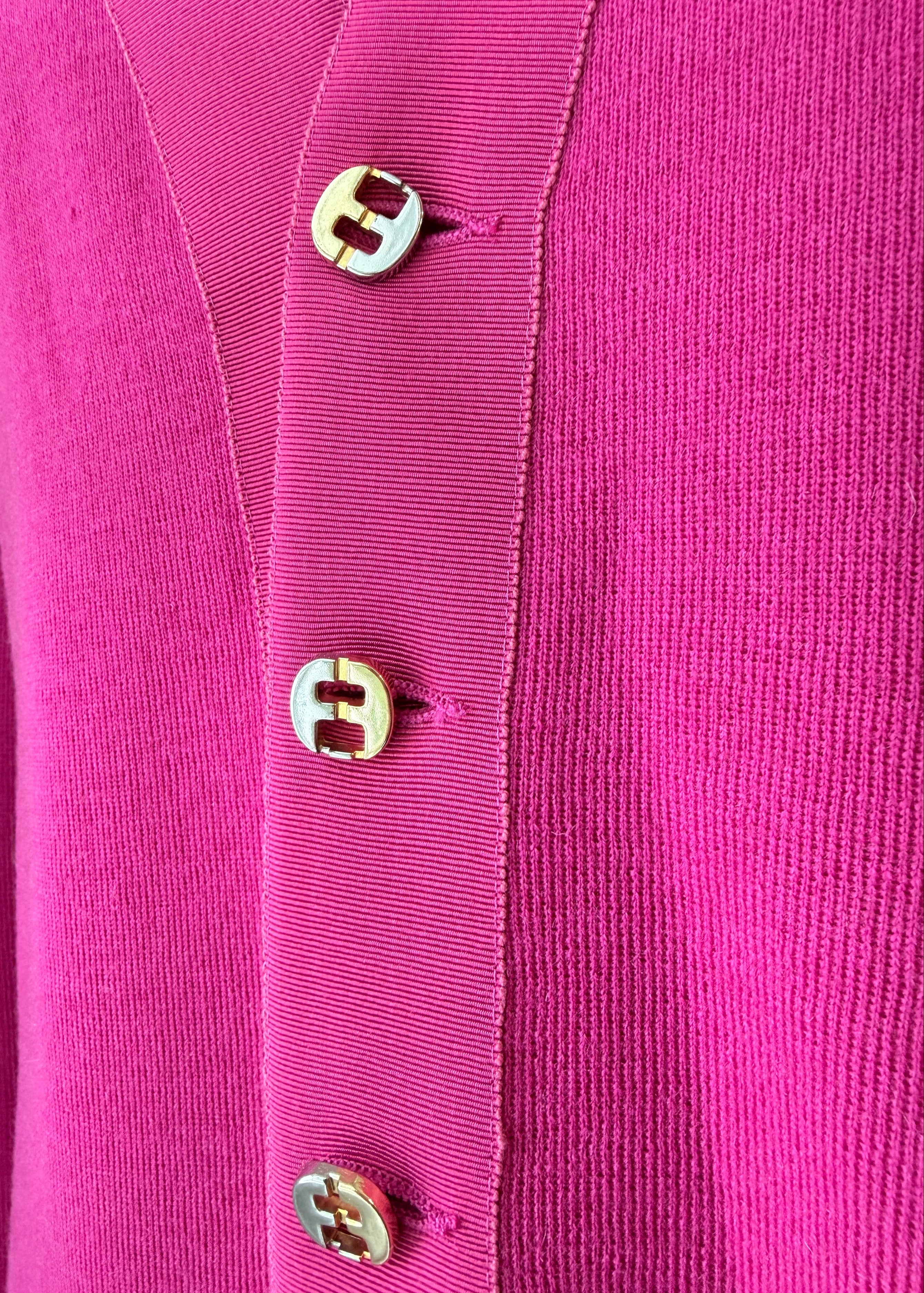 1980s Salvatore Ferragamo Fuchsia Cardigan Sweater with Grosgrain Trim & Double Gancini Buttons