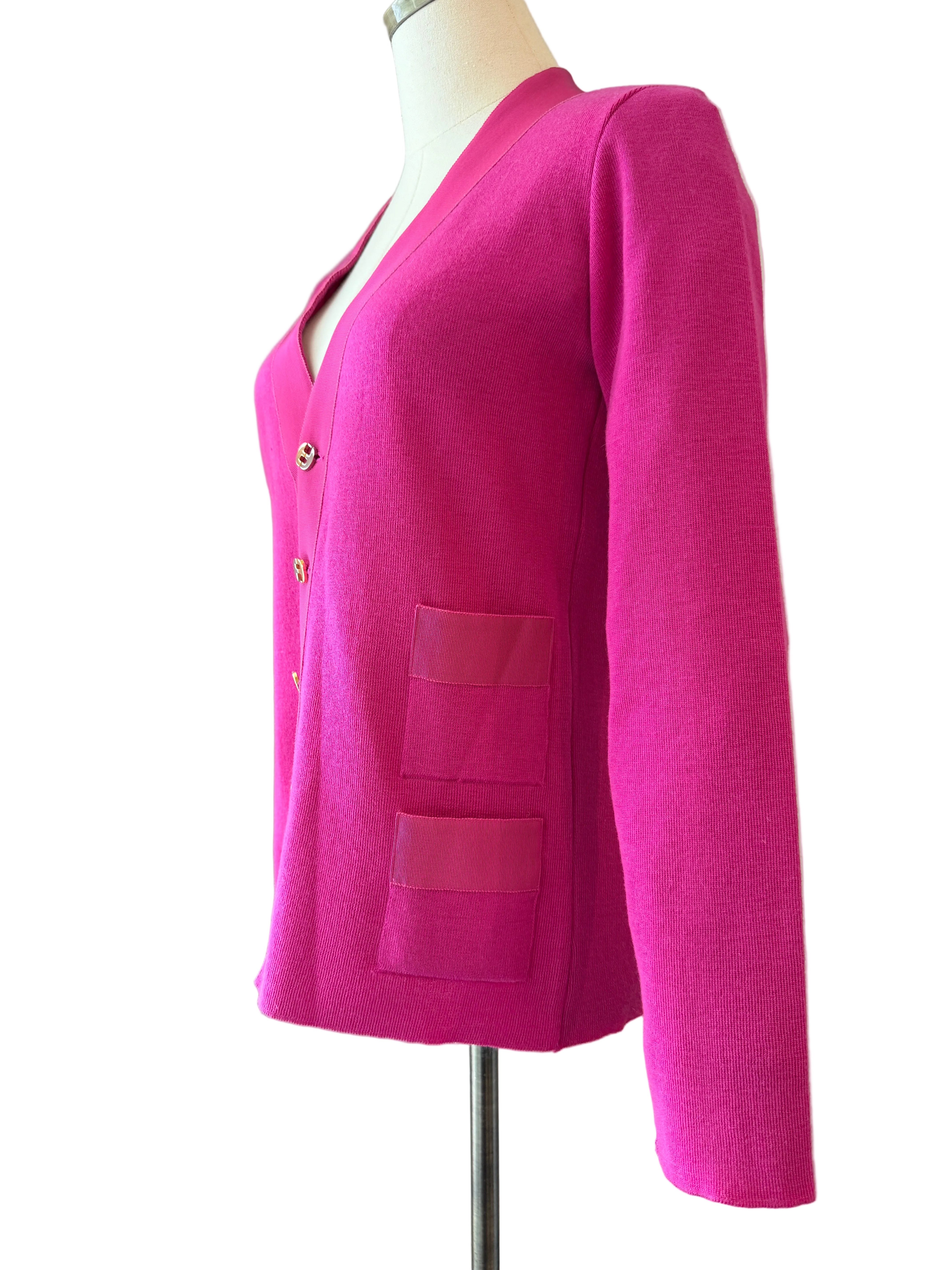 1980s Salvatore Ferragamo Fuchsia Cardigan Sweater with Grosgrain Trim & Double Gancini Buttons