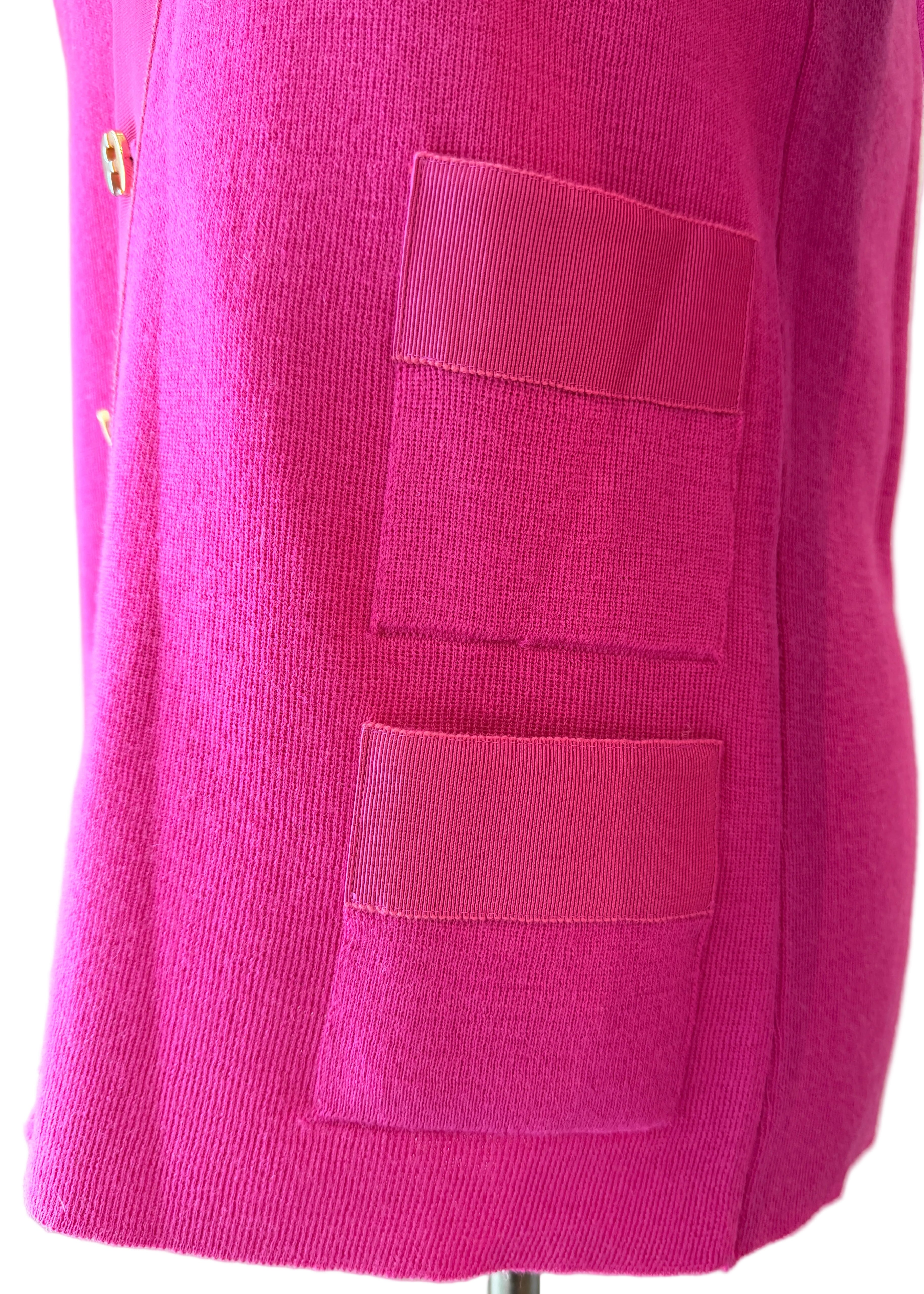 1980s Salvatore Ferragamo Fuchsia Cardigan Sweater with Grosgrain Trim & Double Gancini Buttons