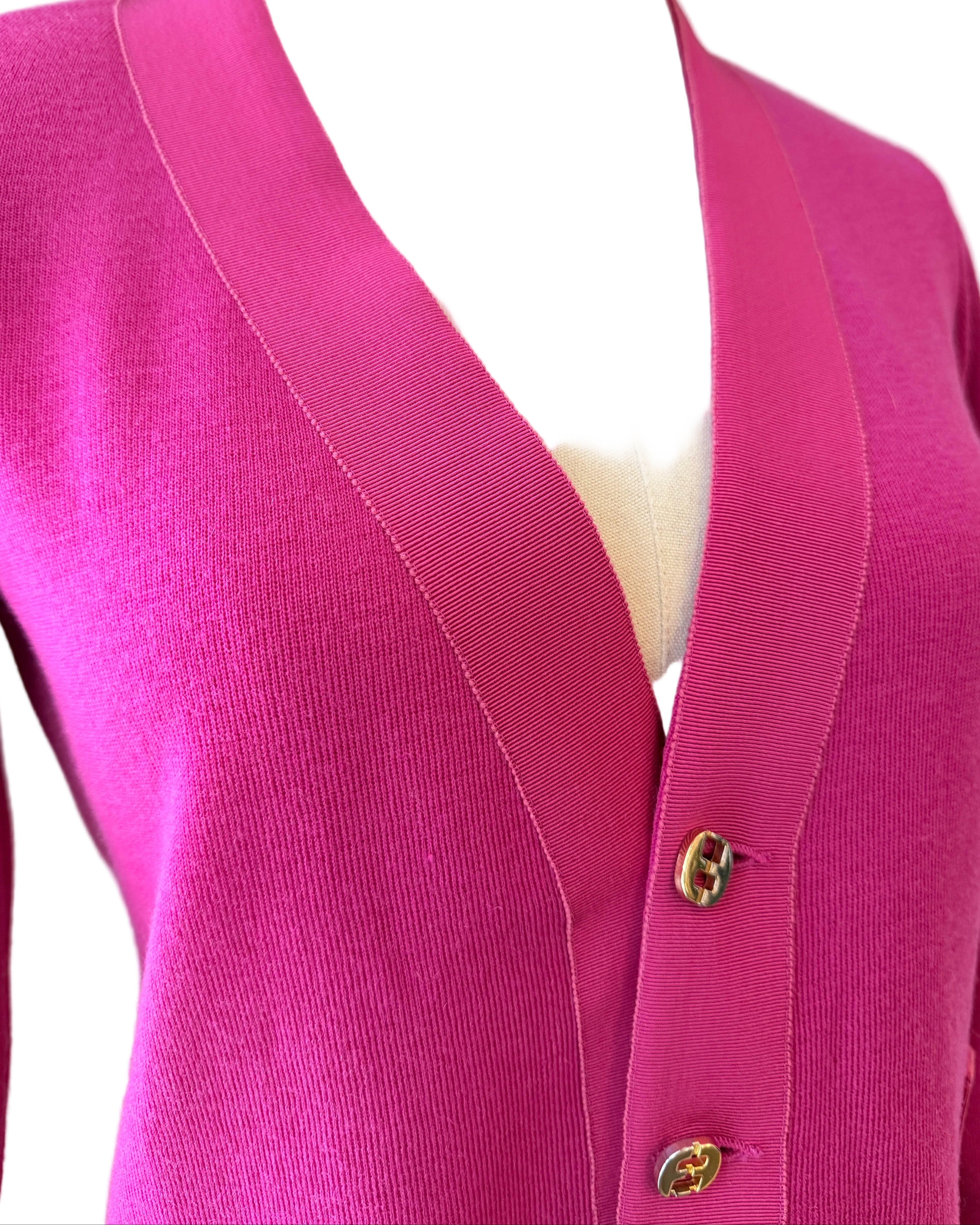 1980s Salvatore Ferragamo Fuchsia Cardigan Sweater with Grosgrain Trim & Double Gancini Buttons