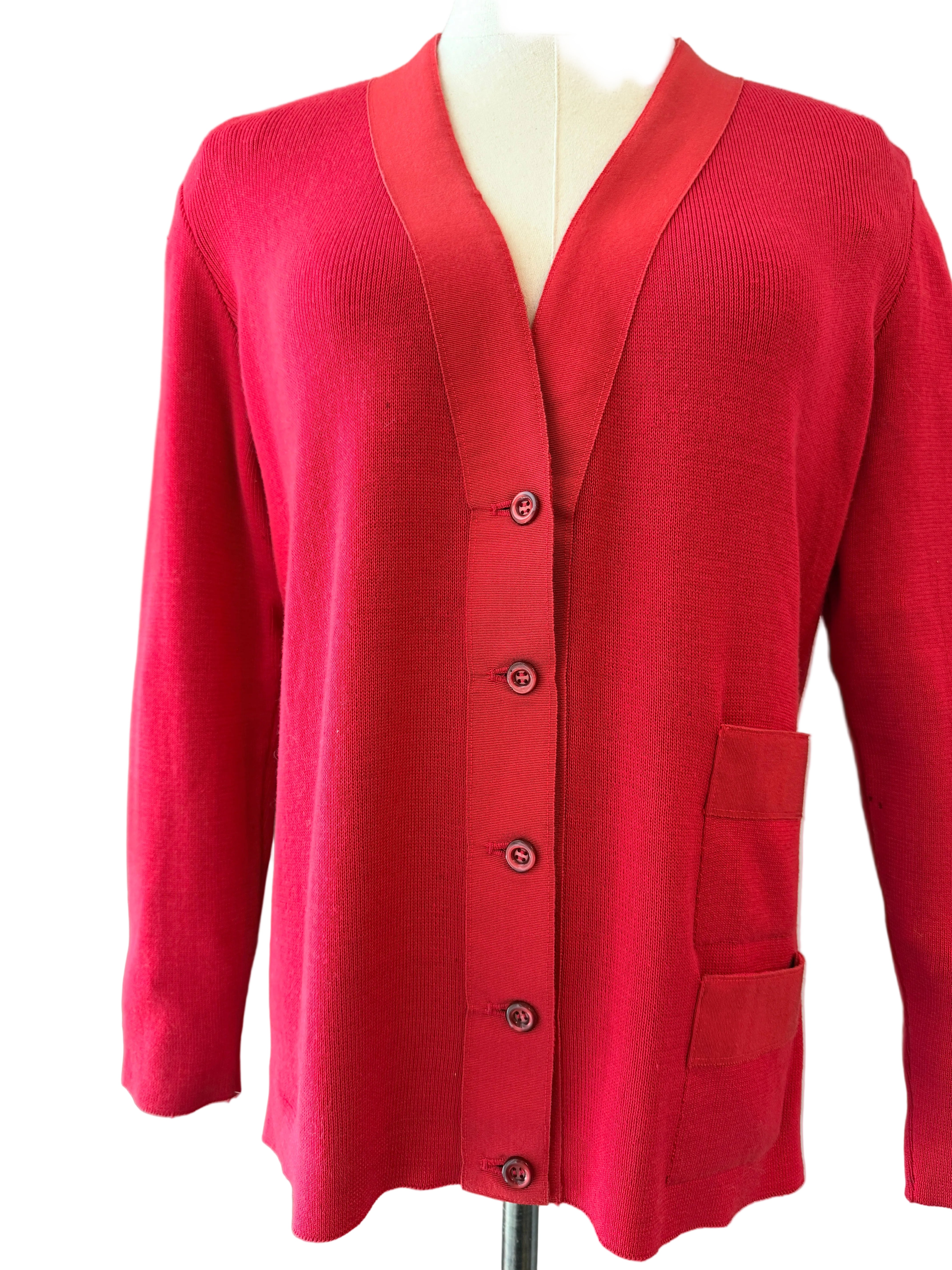 1970s Salvatore Ferragamo Red Cardigan Sweater with Grosgrain Trim
