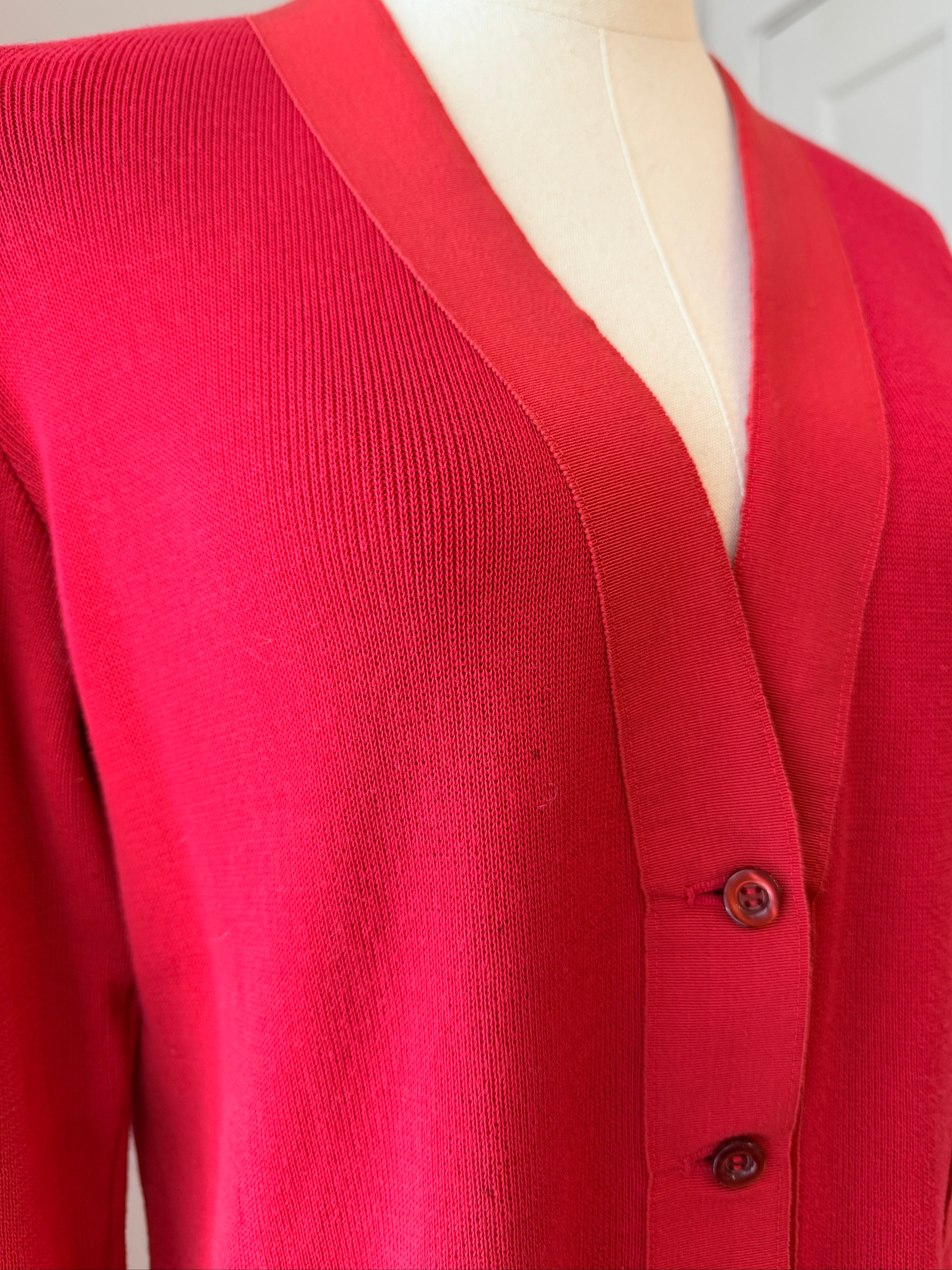 1970s Salvatore Ferragamo Red Cardigan Sweater with Grosgrain Trim