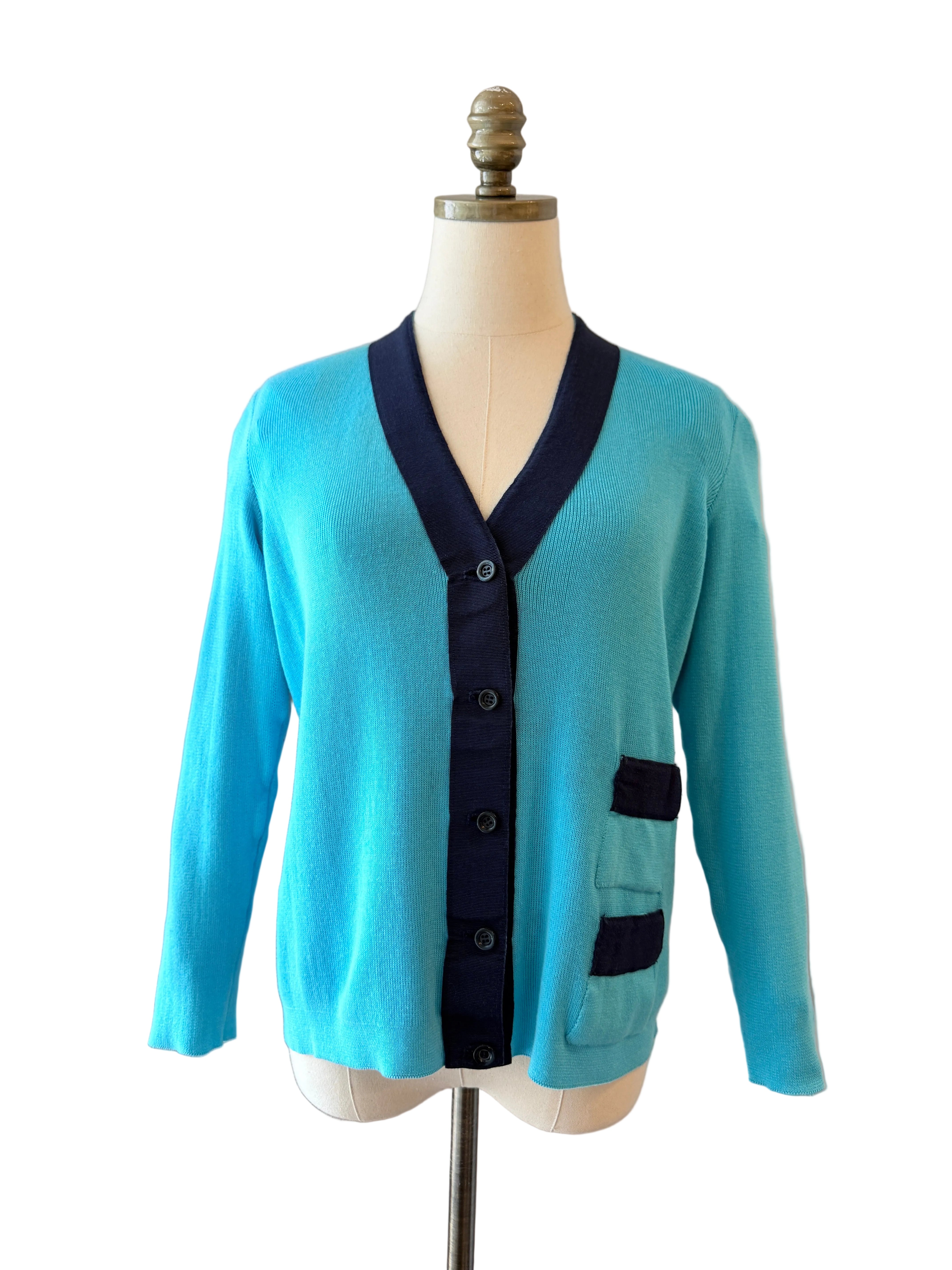 1970s Salvatore Ferragamo Teal Cotton Cardigan with Grosgrain V-Neck Detail