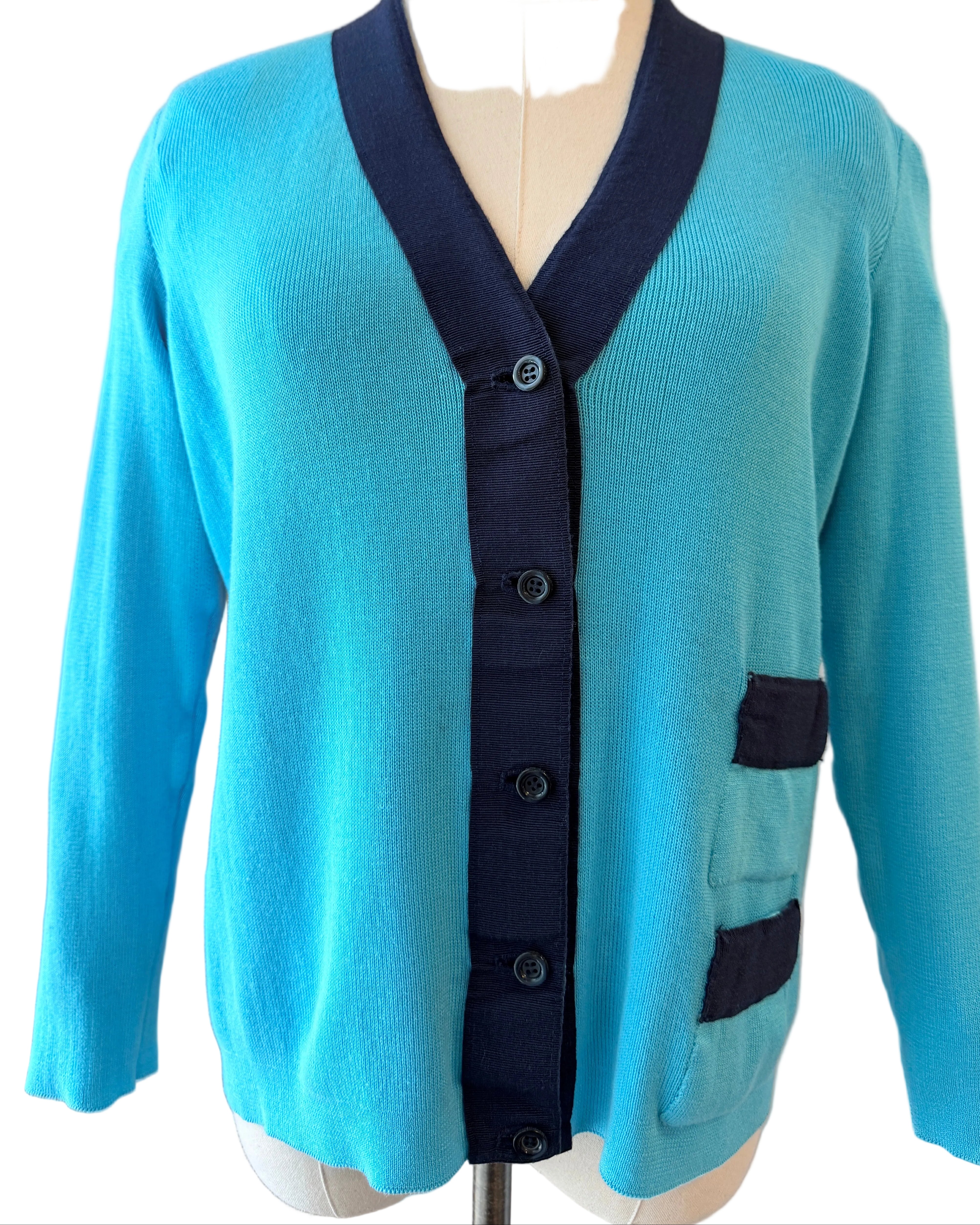 1970s Salvatore Ferragamo Teal Cotton Cardigan with Grosgrain V-Neck Detail