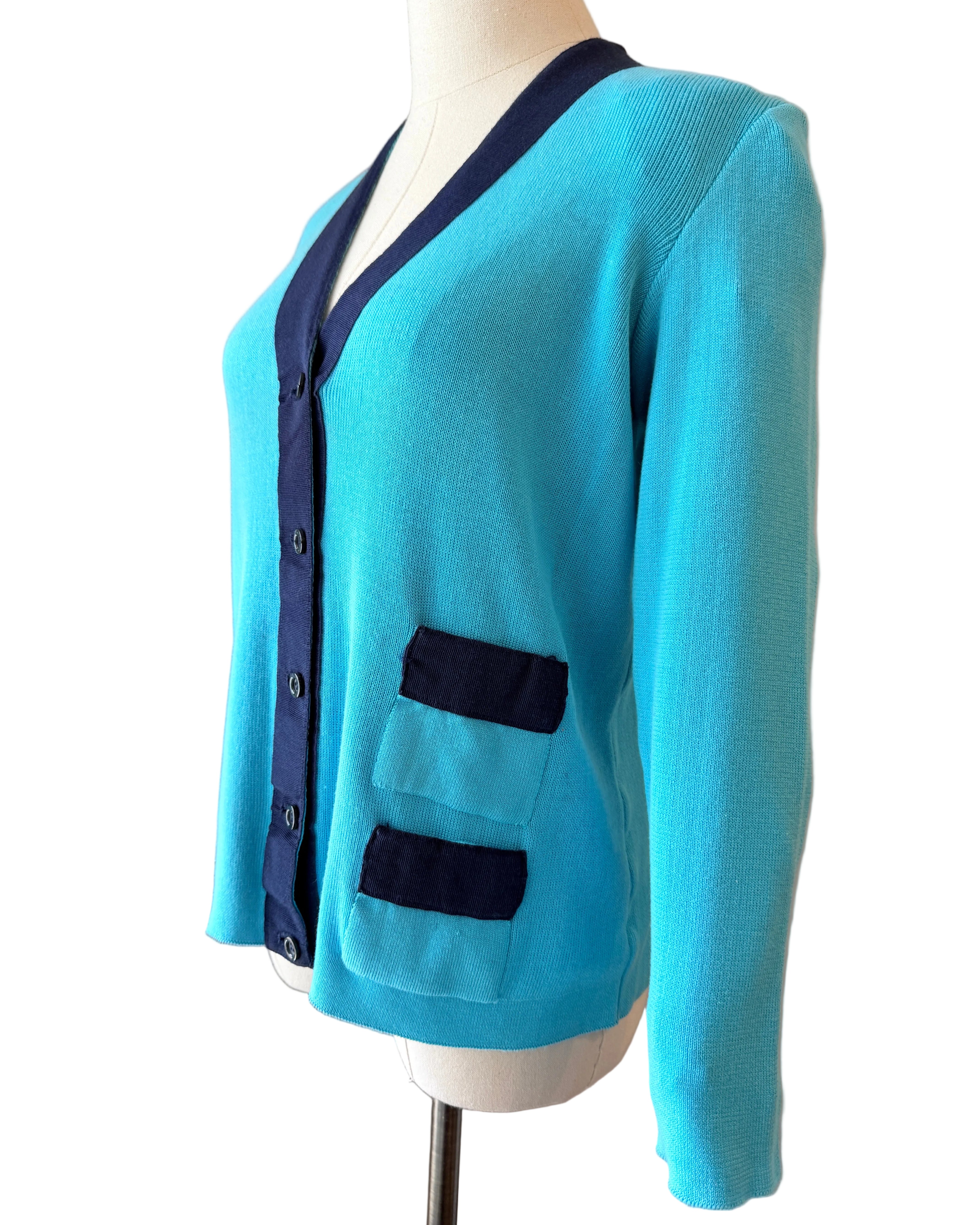 1970s Salvatore Ferragamo Teal Cotton Cardigan with Grosgrain V-Neck Detail