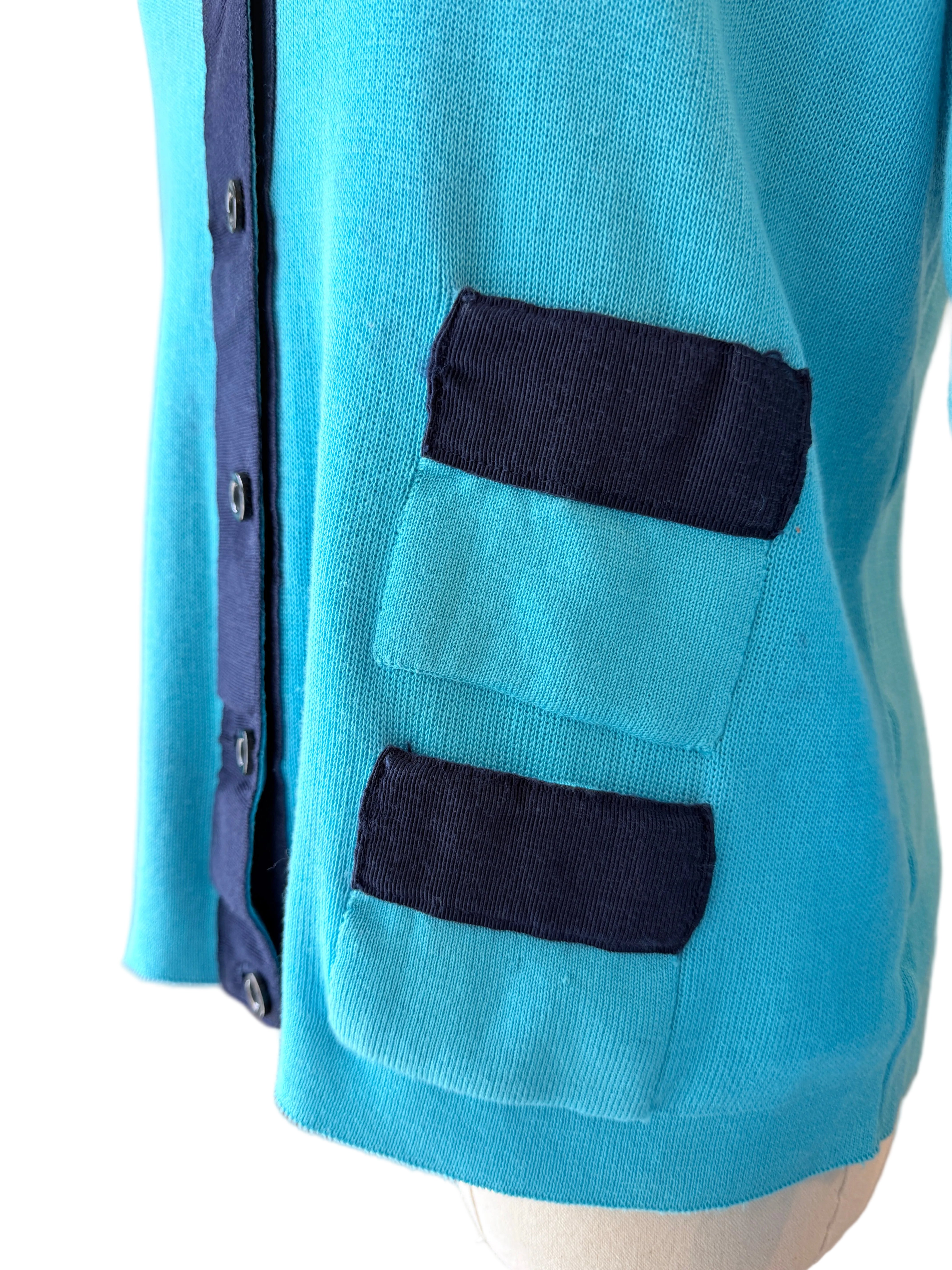 1970s Salvatore Ferragamo Teal Cotton Cardigan with Grosgrain V-Neck Detail
