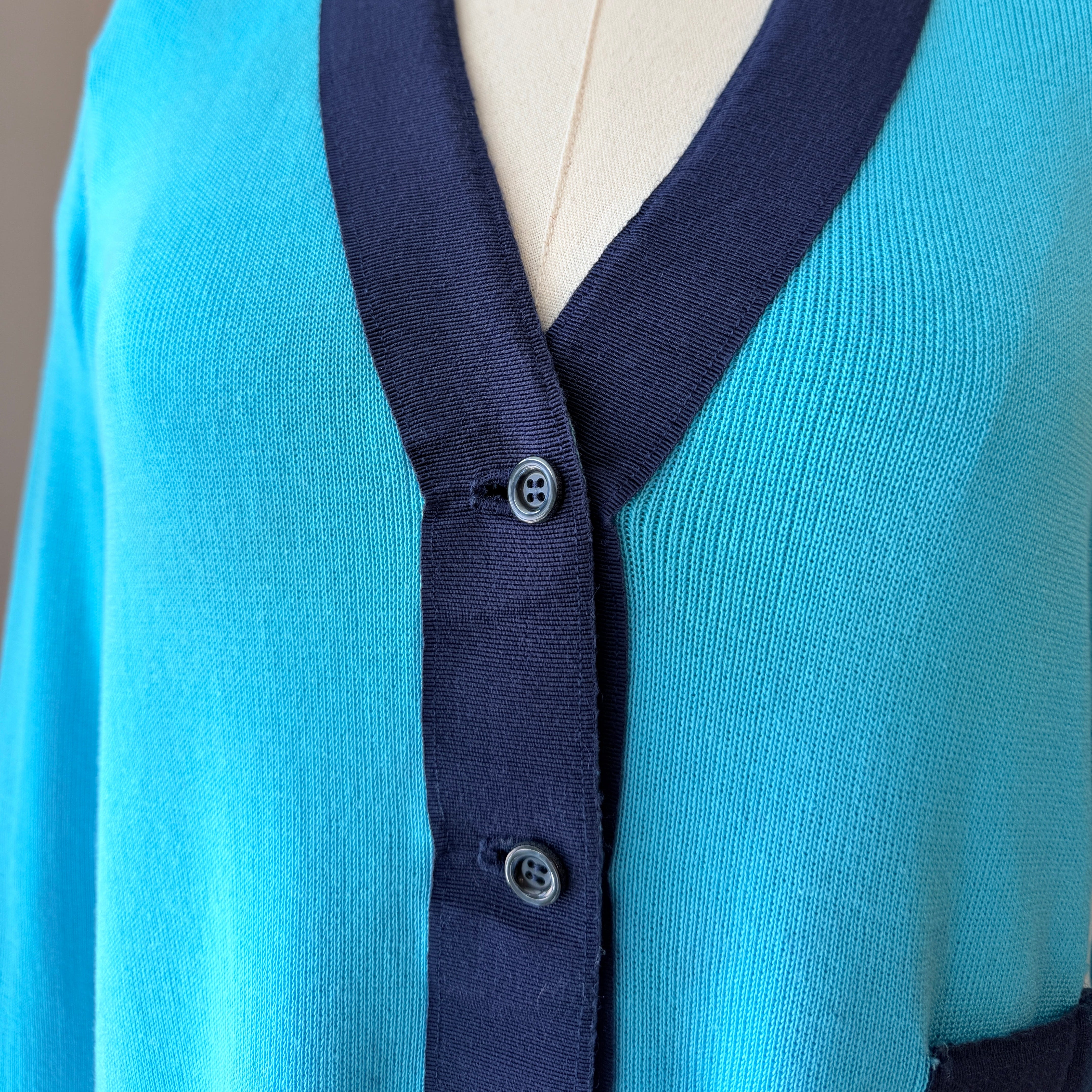 1970s Salvatore Ferragamo Teal Cotton Cardigan with Grosgrain V-Neck Detail