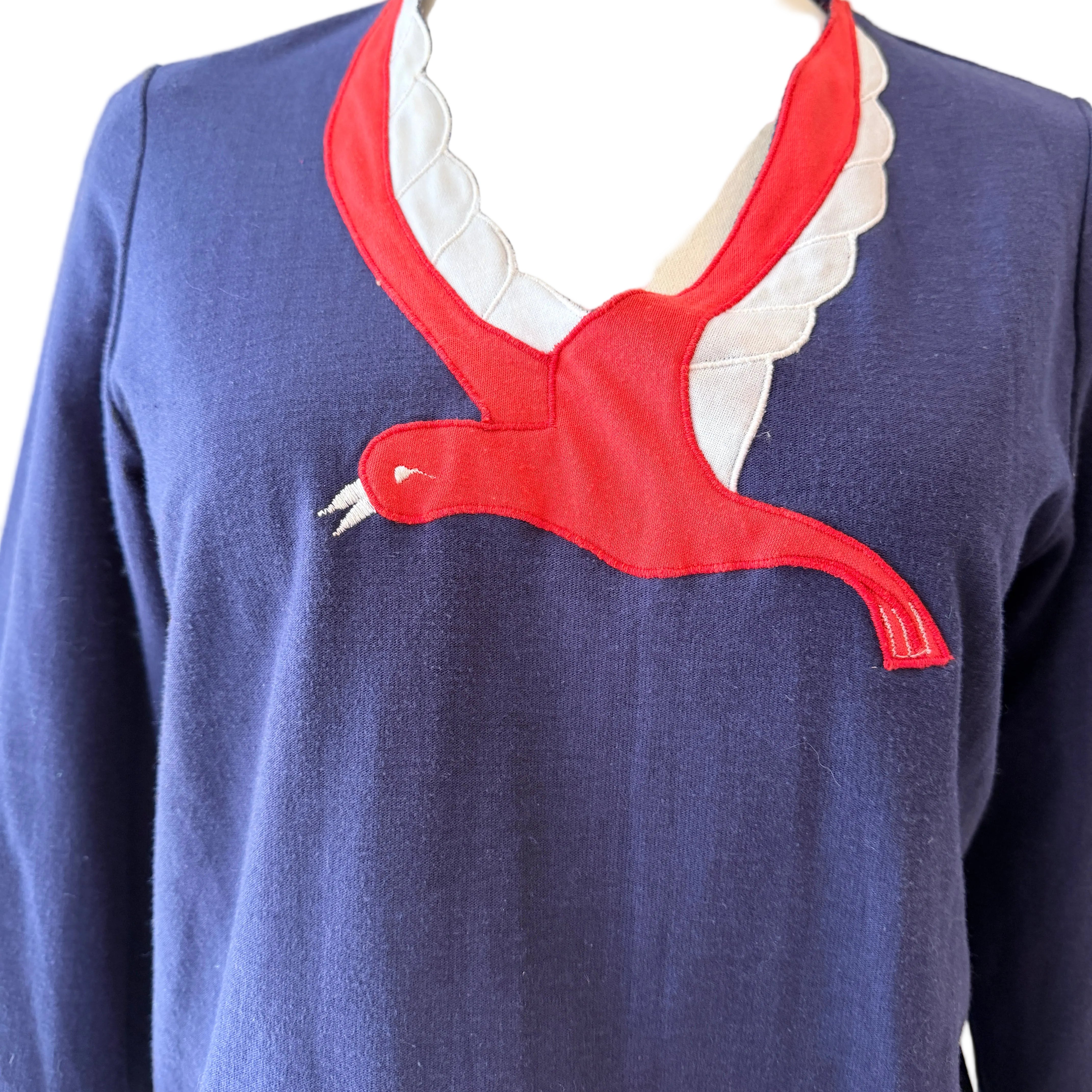 1970s Jordana Navy Sweatshirt with Red Bird Appliqué & V-Neck