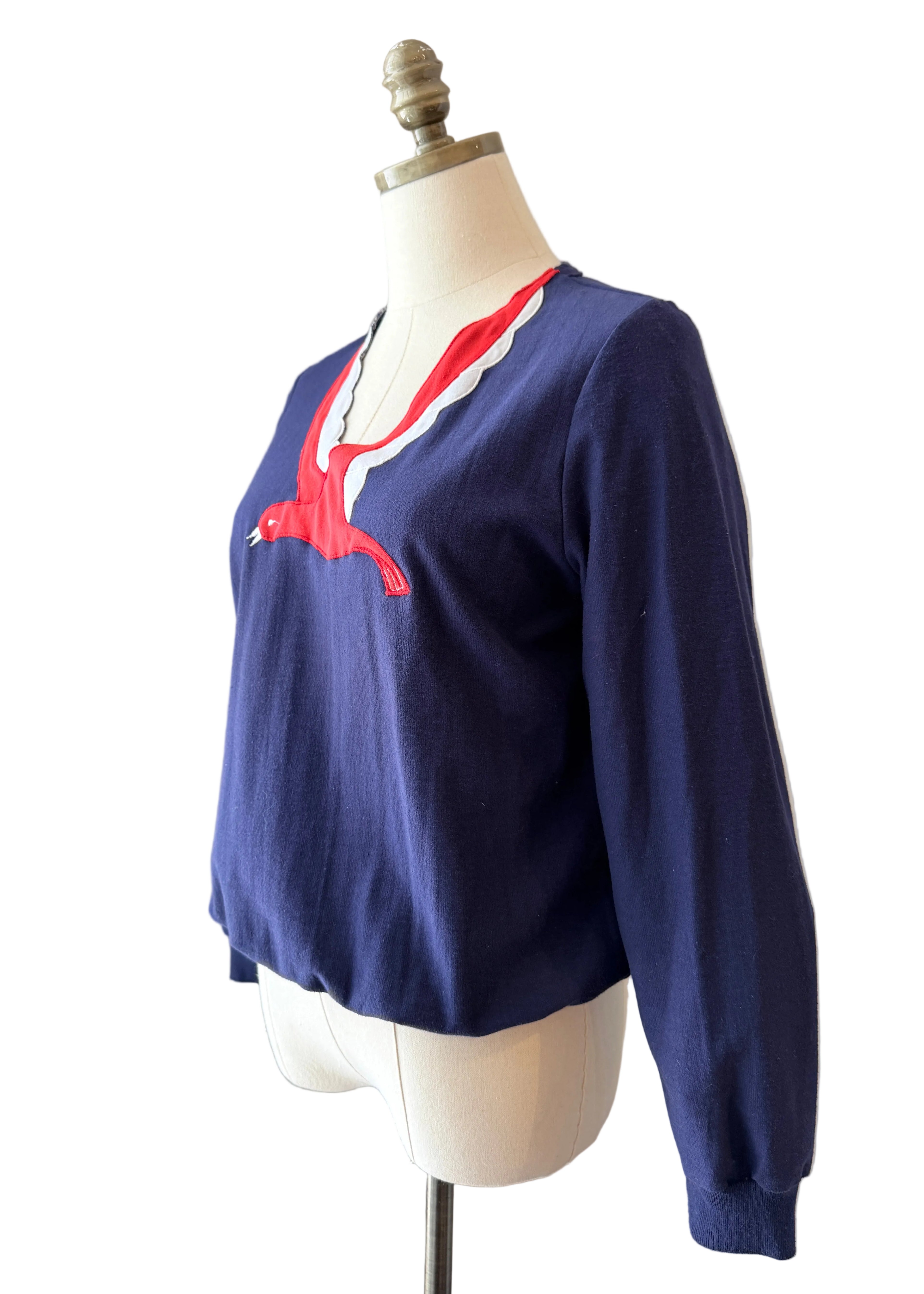 1970s Jordana Navy Sweatshirt with Red Bird Appliqué & V-Neck