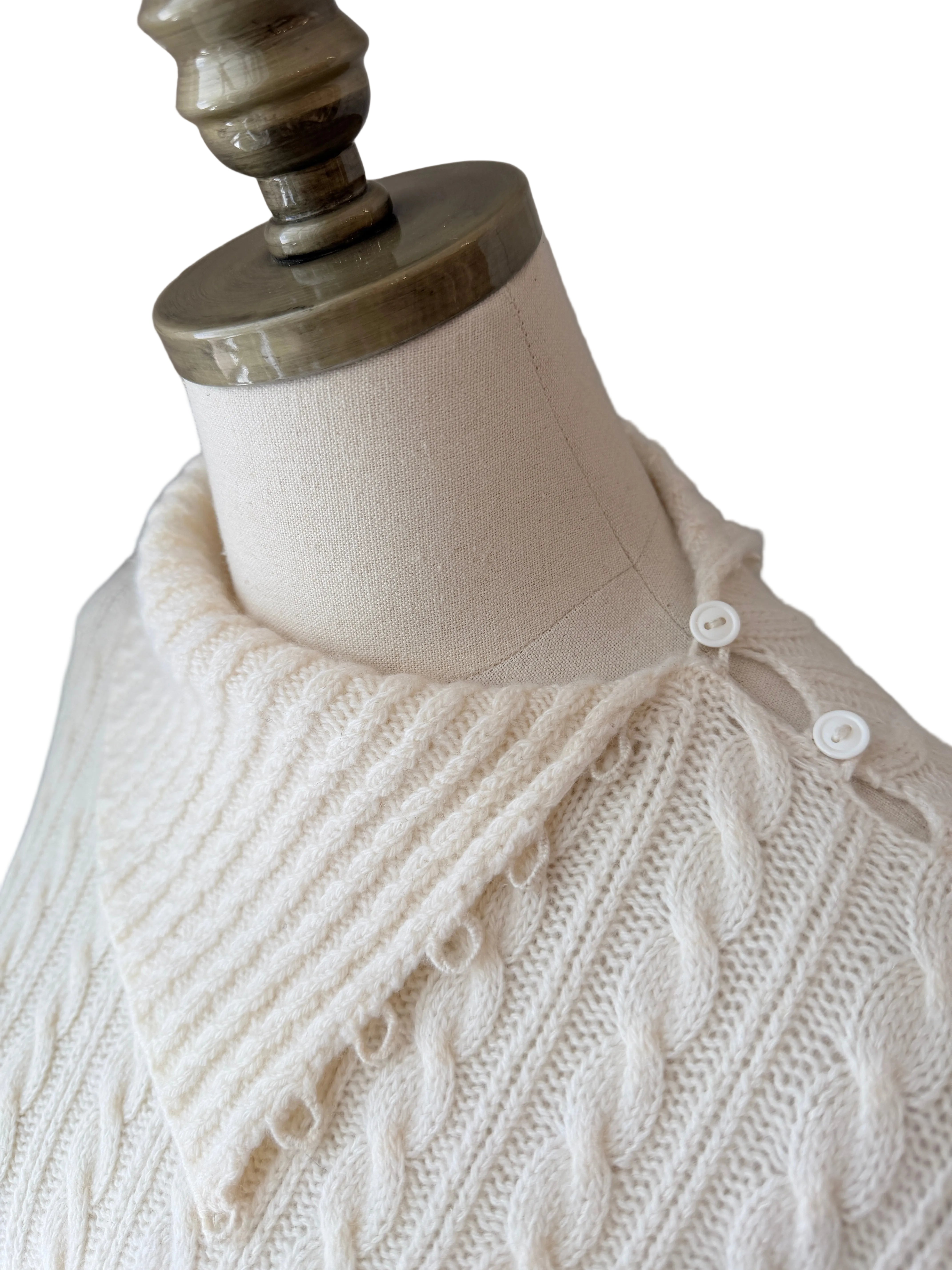 1980s Burberry Ivory Cashmere Cable-Knit Sweater with Handkerchief Collar