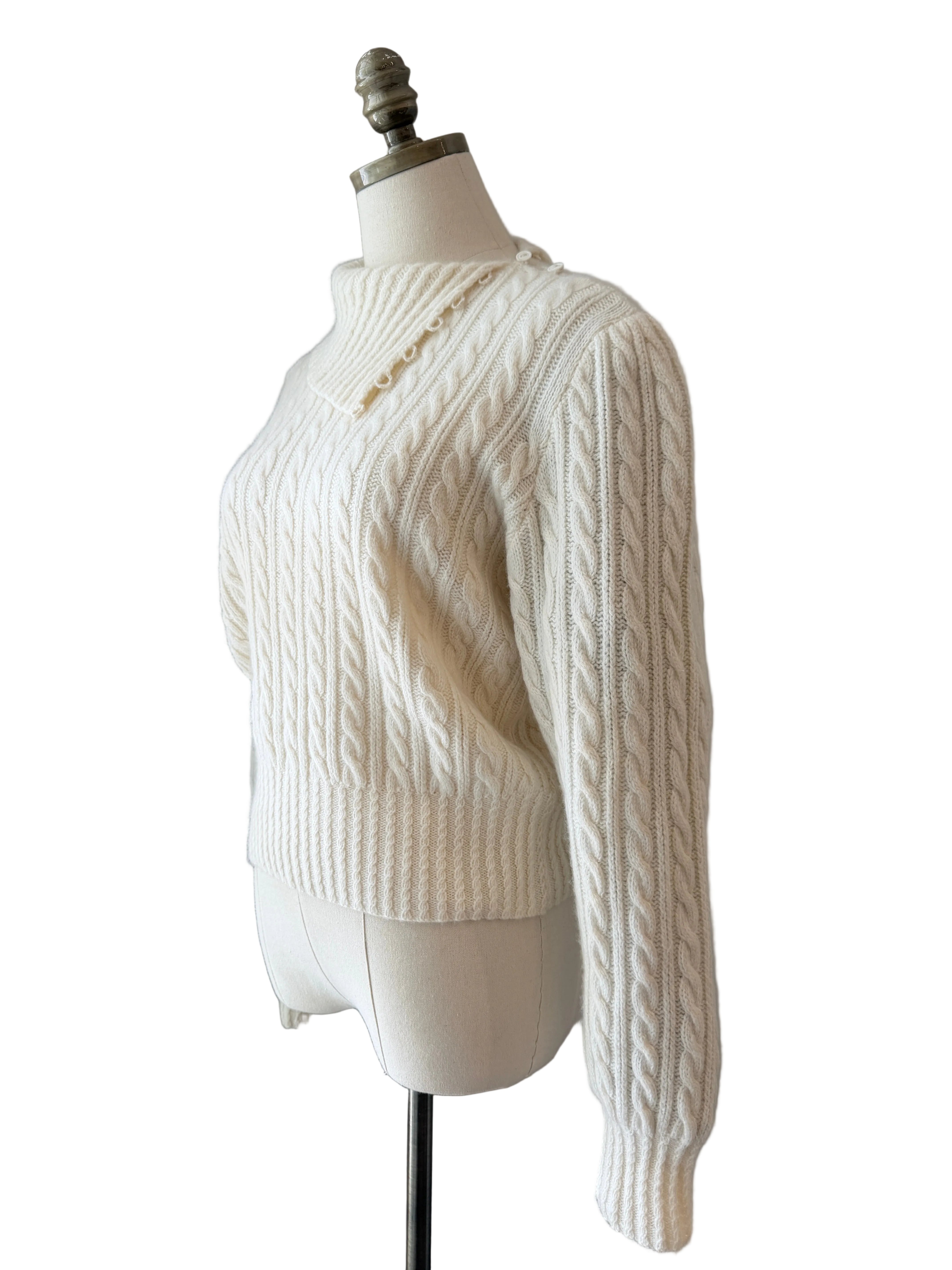 1980s Burberry Ivory Cashmere Cable-Knit Sweater with Handkerchief Collar
