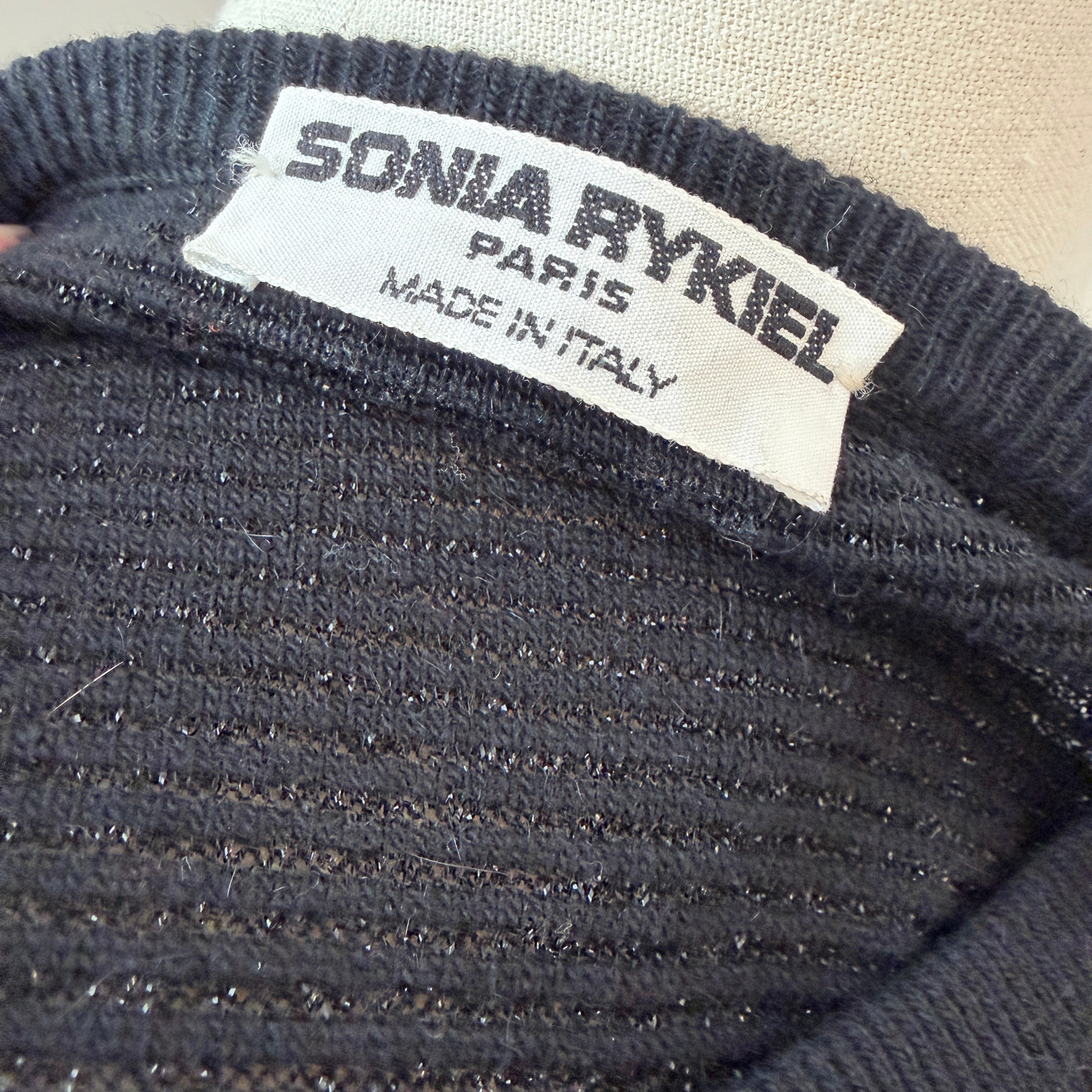 1980s Sonia Rykiel Black Knit Sweater with Satin Neck Bow & Waist Tie