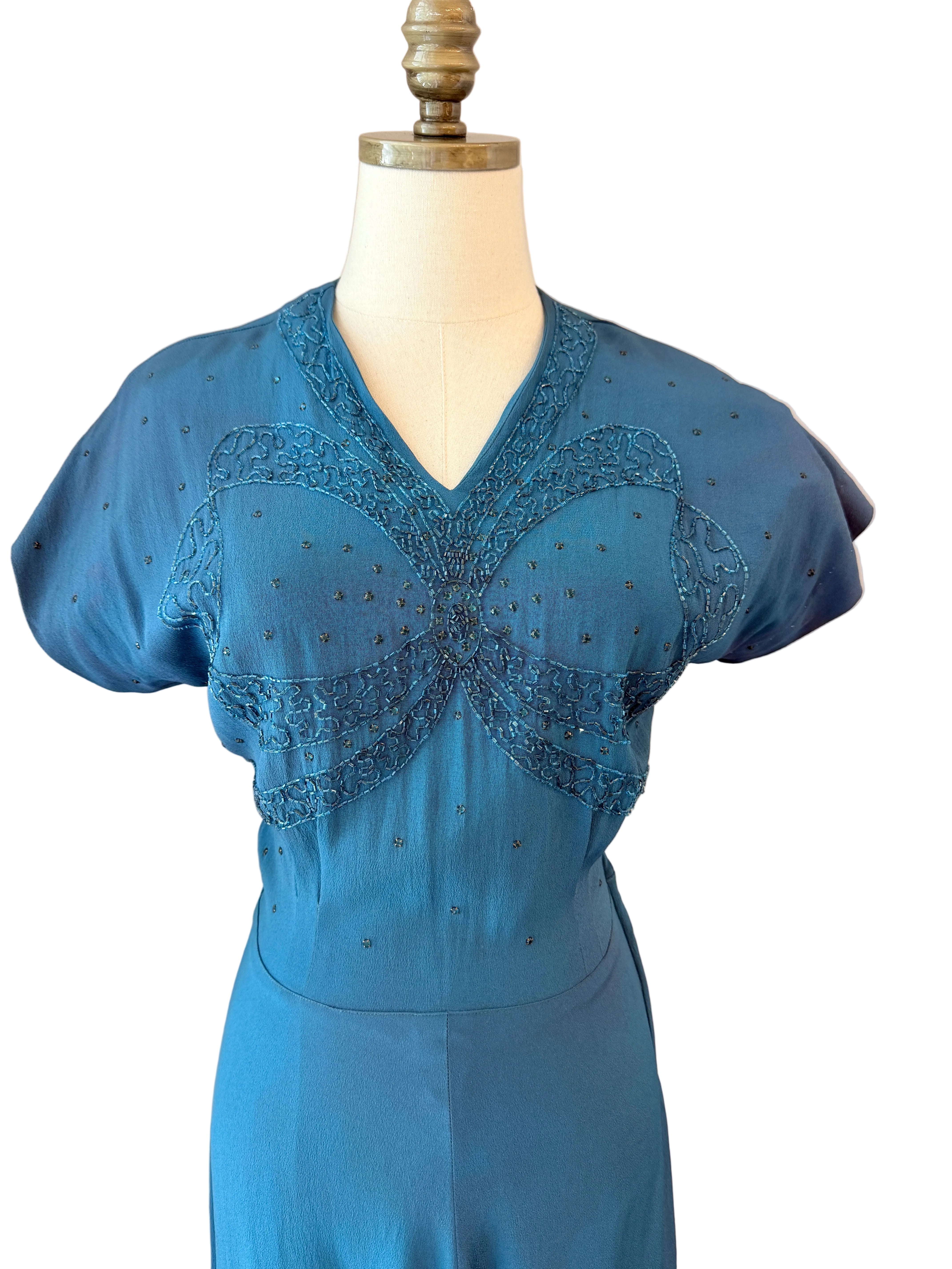 1940s DuBarry Teal Bias-Cut Evening Gown with Beaded Bow Detail