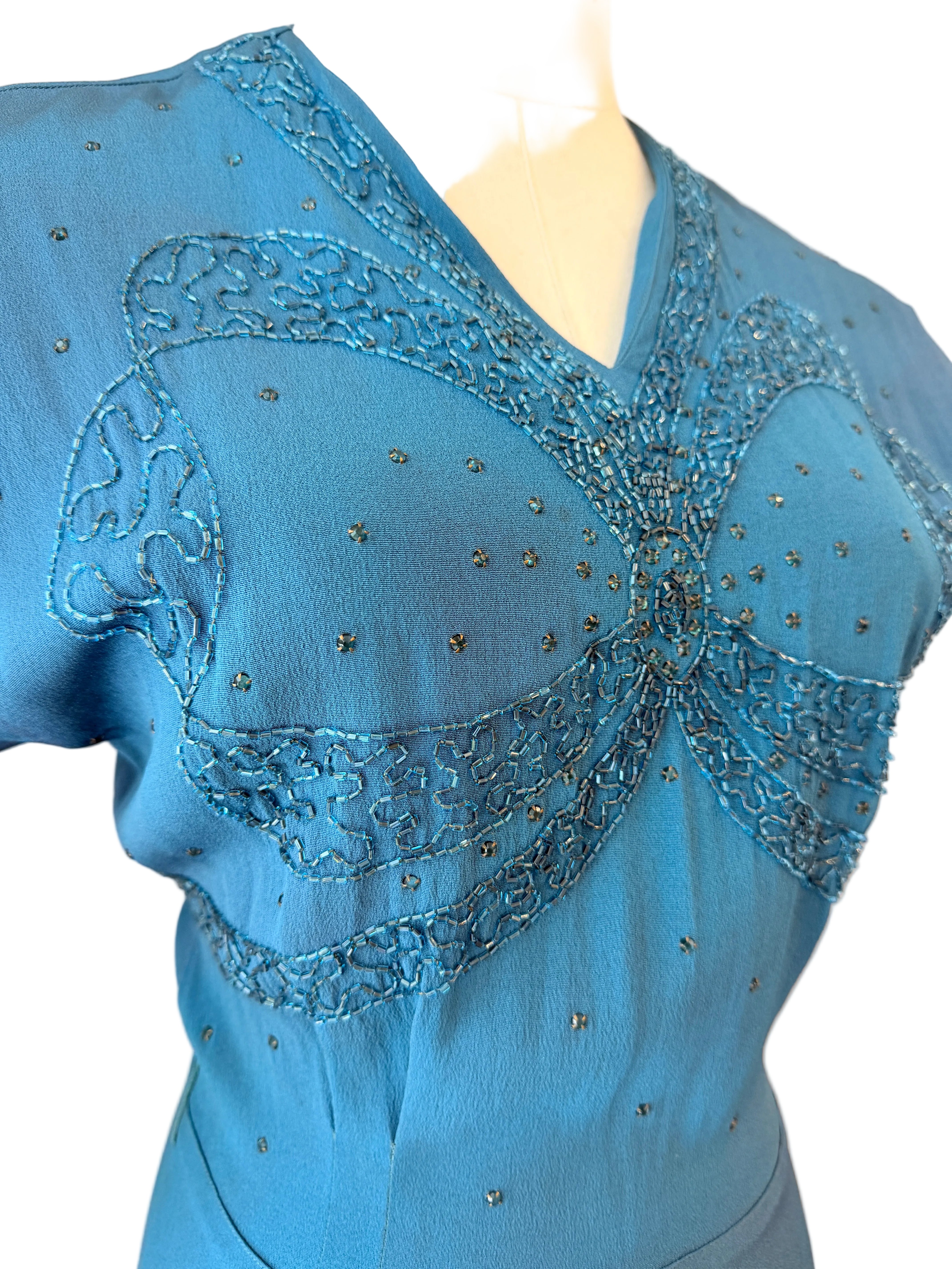 1940s DuBarry Teal Bias-Cut Evening Gown with Beaded Bow Detail