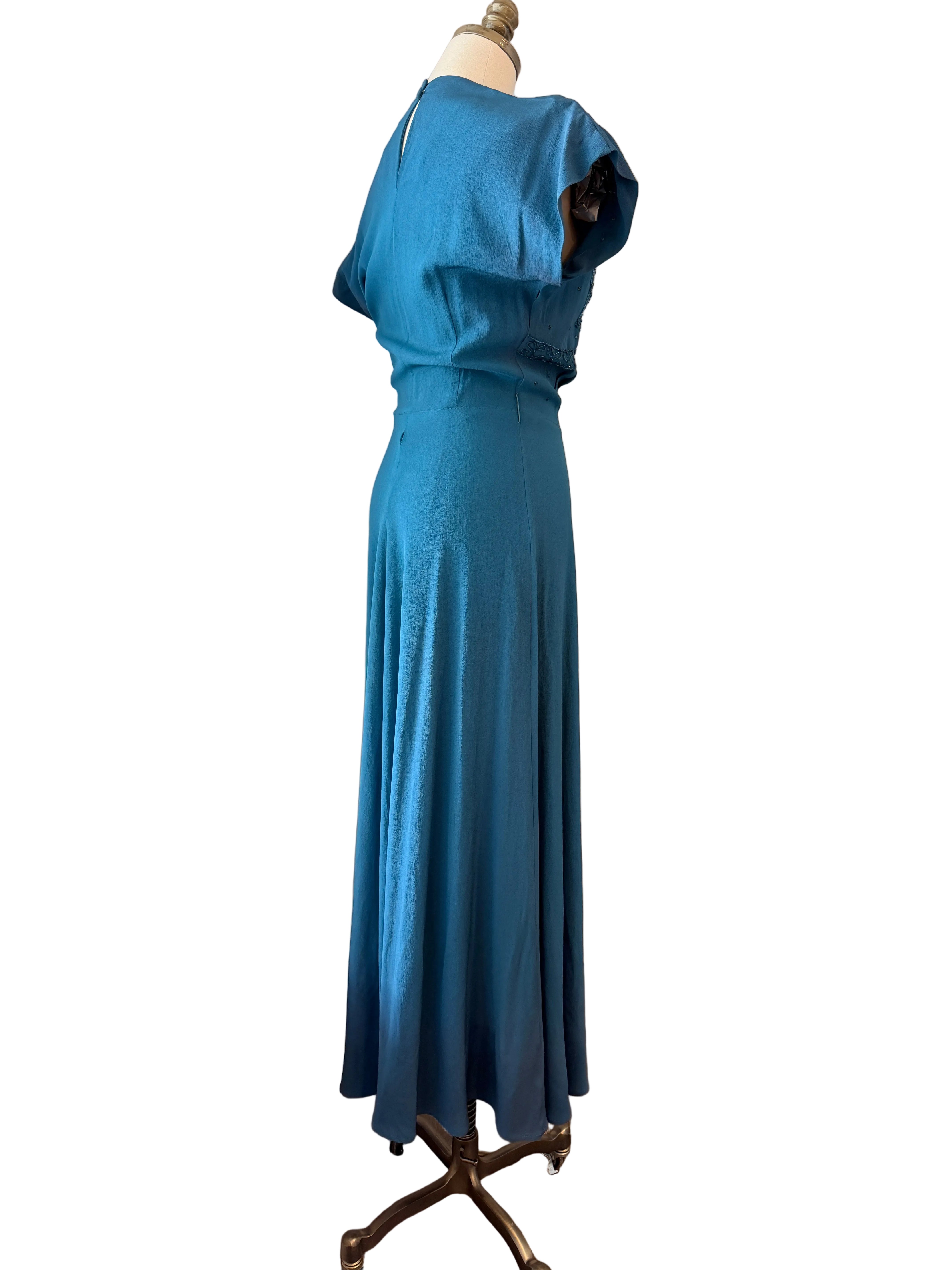 1940s DuBarry Teal Bias-Cut Evening Gown with Beaded Bow Detail