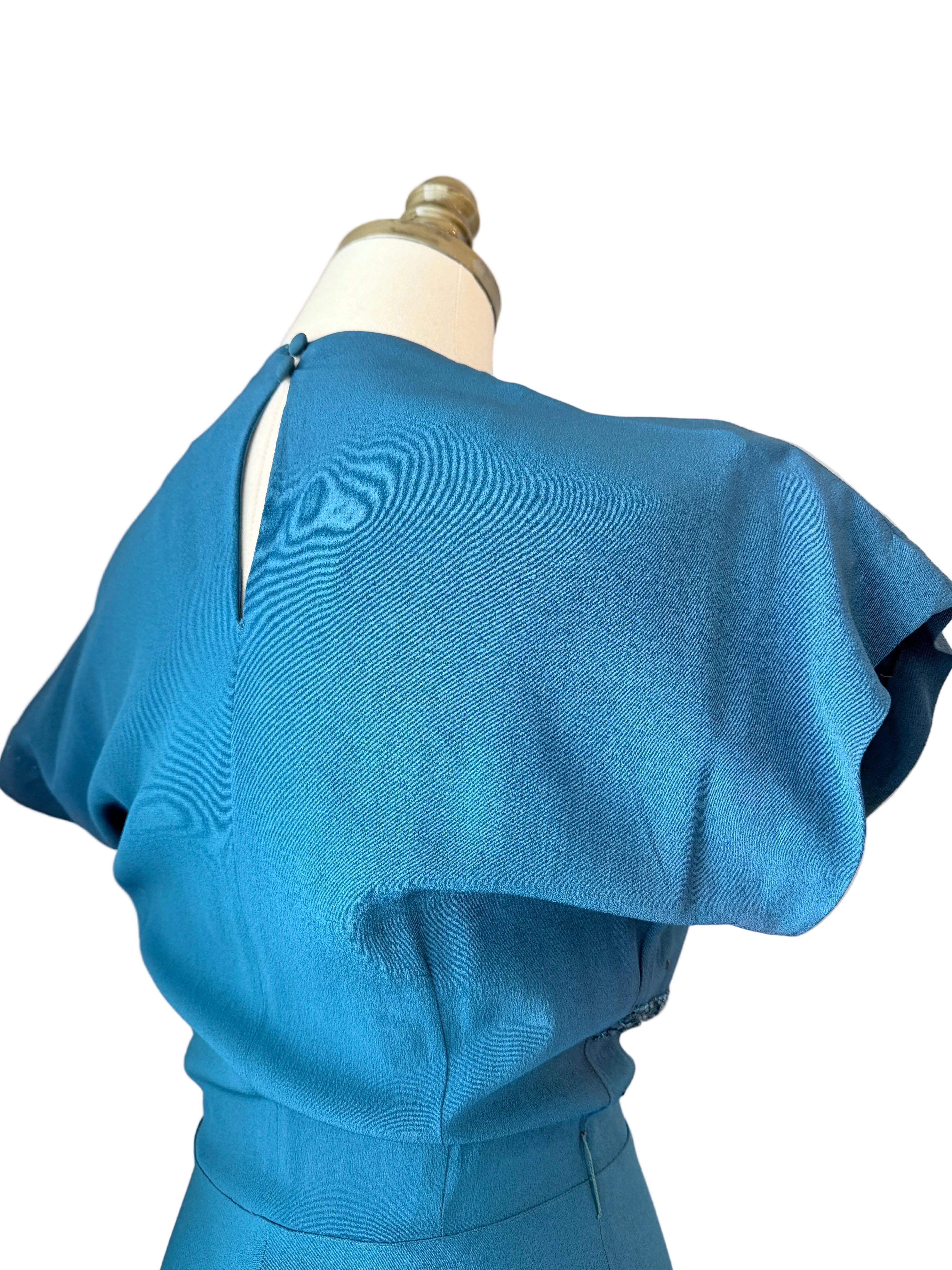 1940s DuBarry Teal Bias-Cut Evening Gown with Beaded Bow Detail