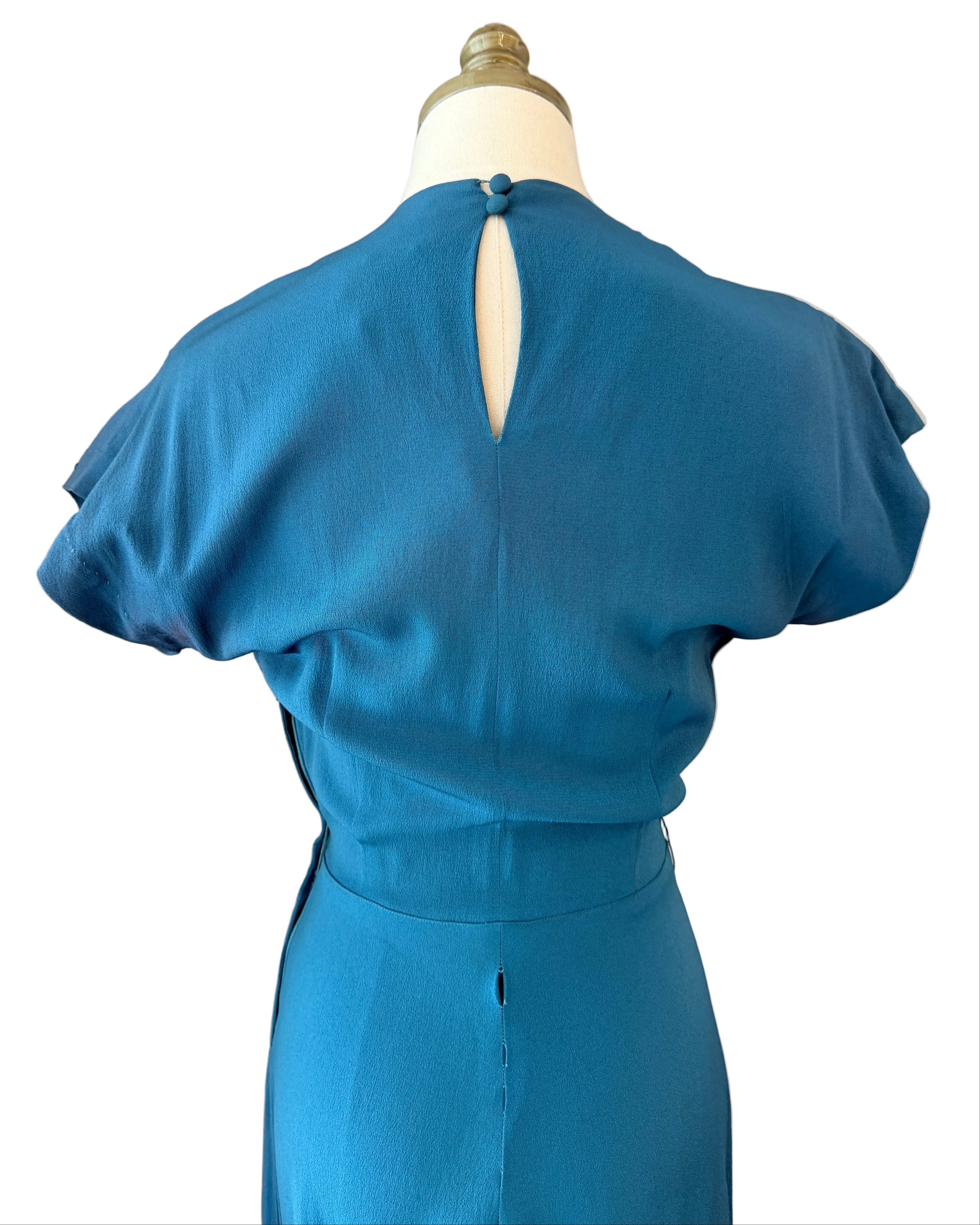 1940s DuBarry Teal Bias-Cut Evening Gown with Beaded Bow Detail