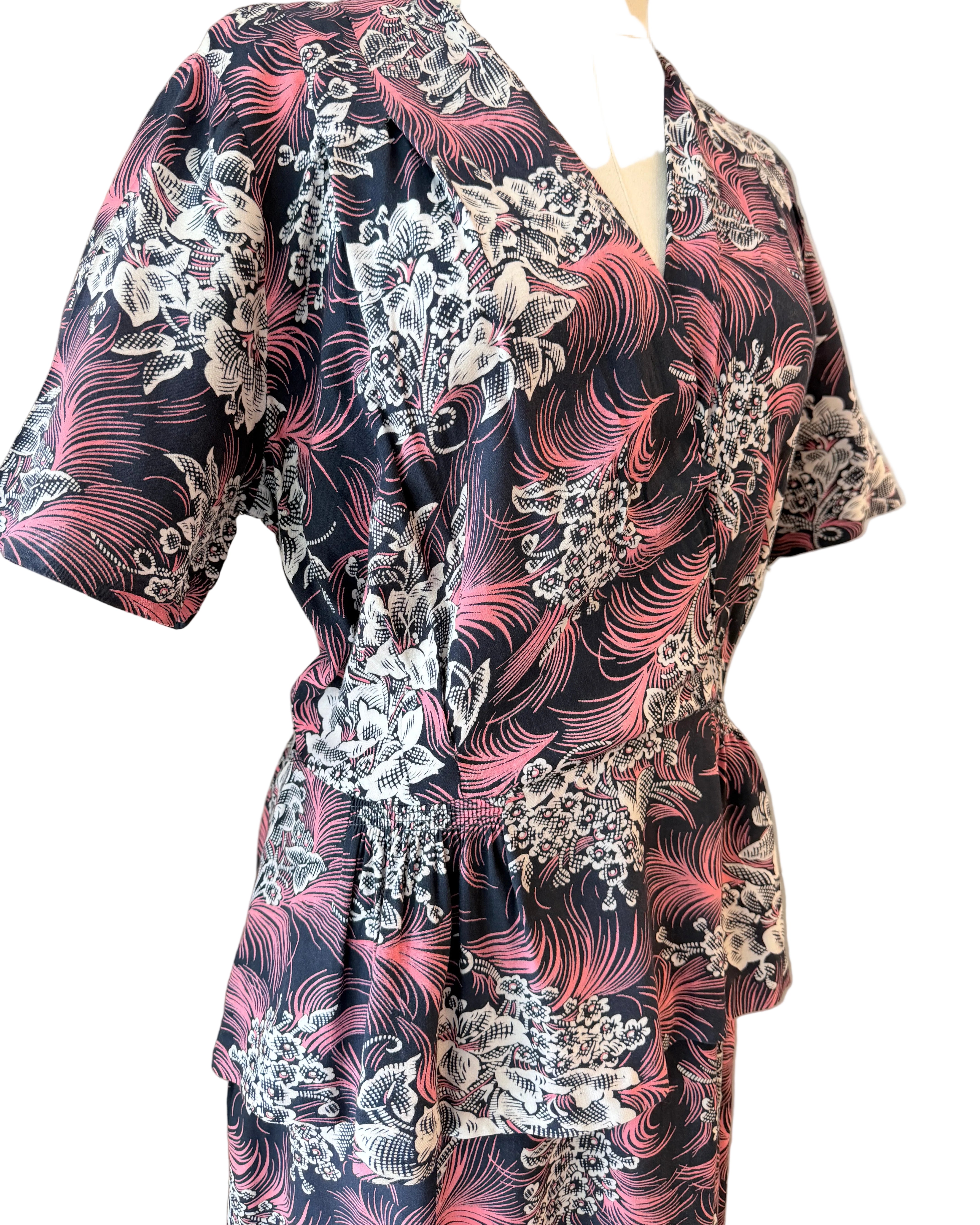 1940s Navy Rayon Dress with White Floral & Pink Feather Print