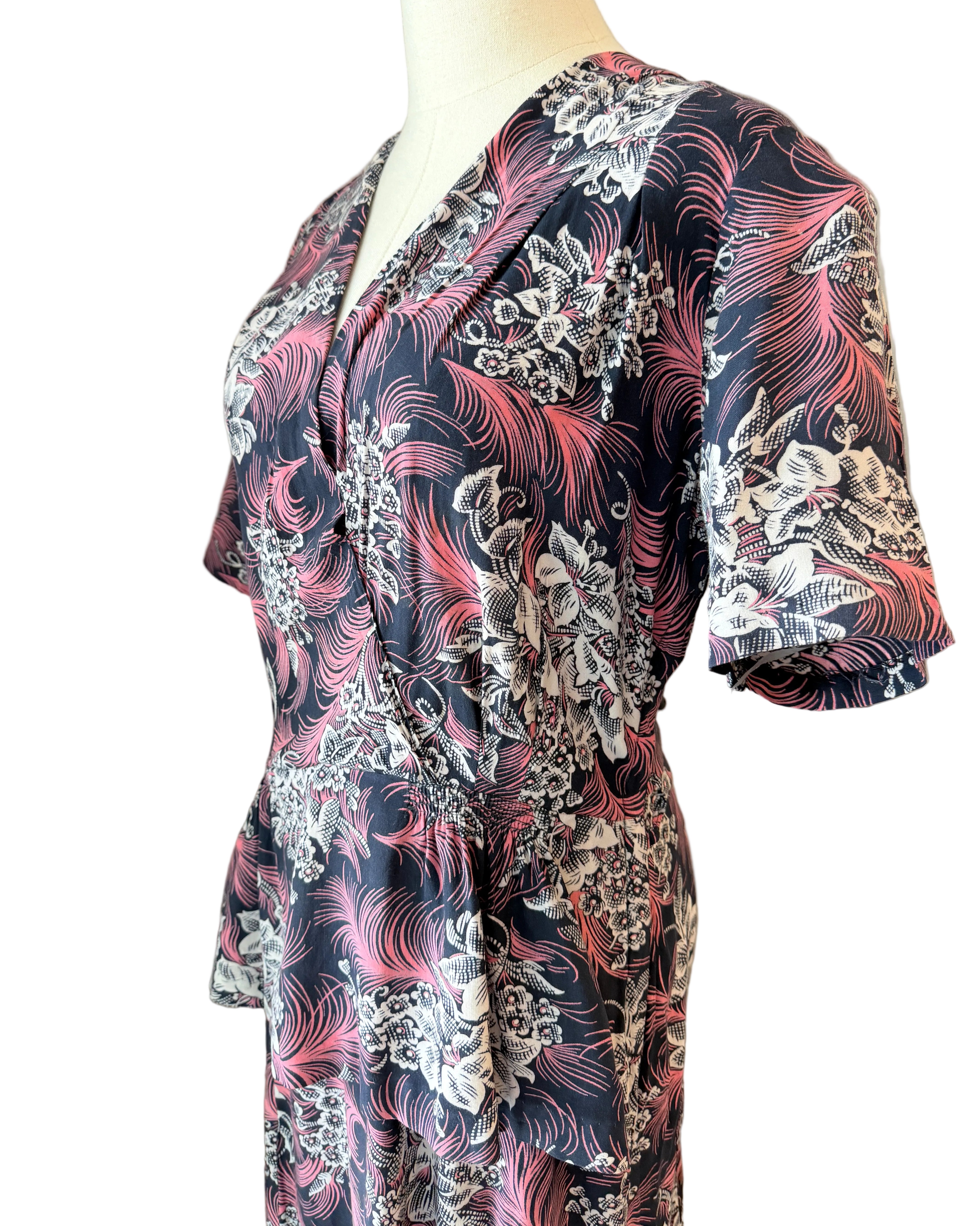 1940s Navy Rayon Dress with White Floral & Pink Feather Print