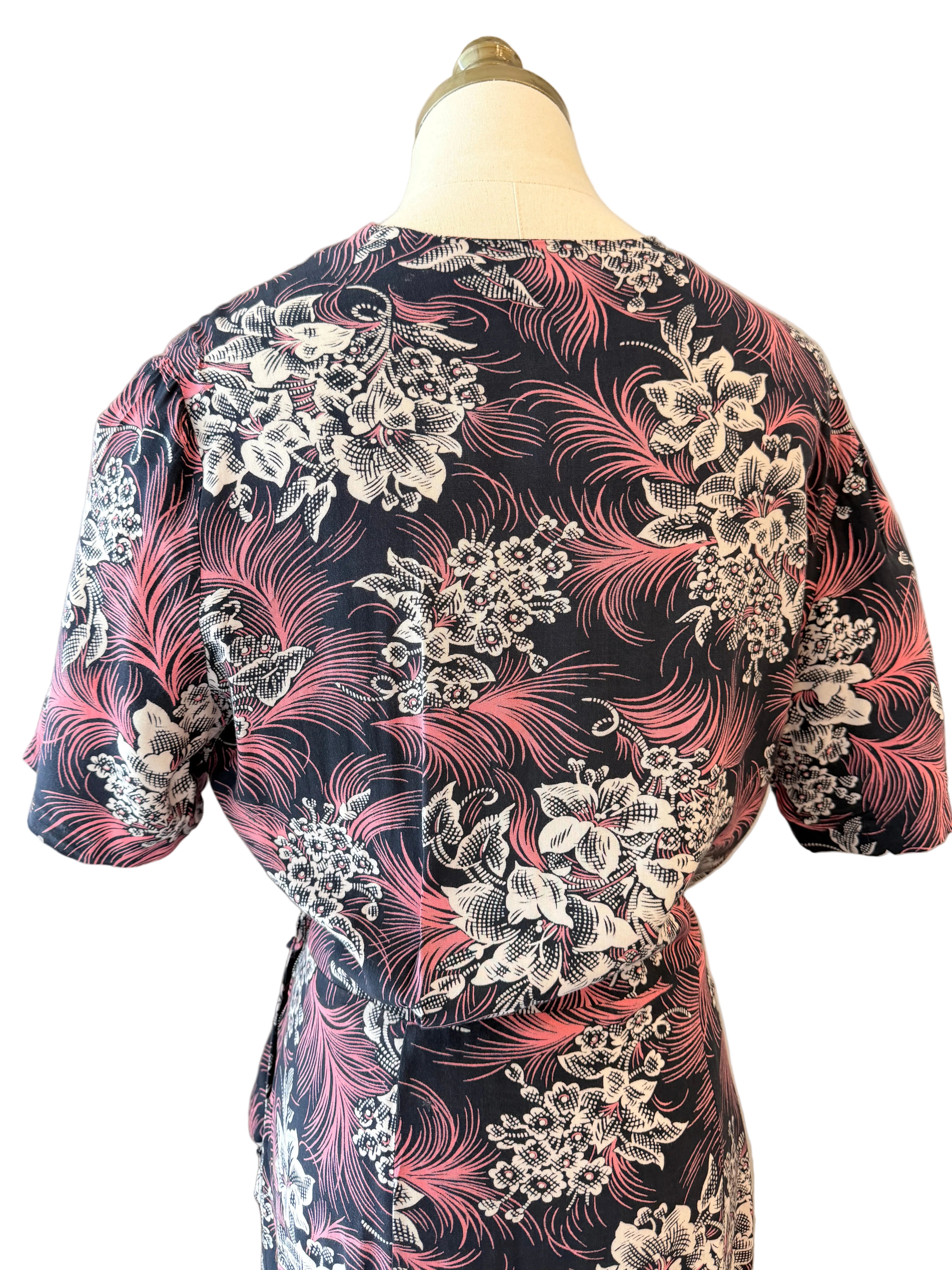 1940s Navy Rayon Dress with White Floral & Pink Feather Print