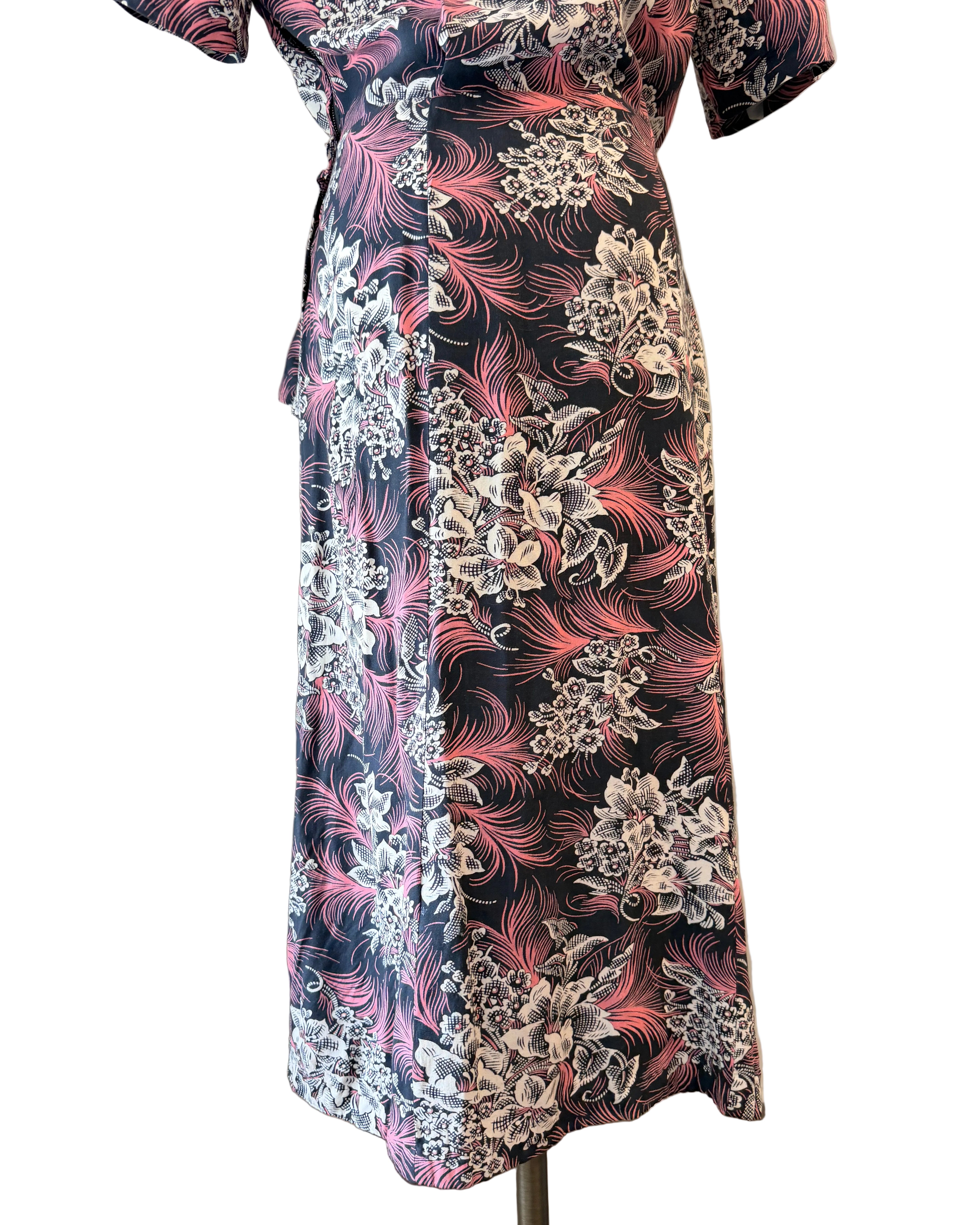 1940s Navy Rayon Dress with White Floral & Pink Feather Print