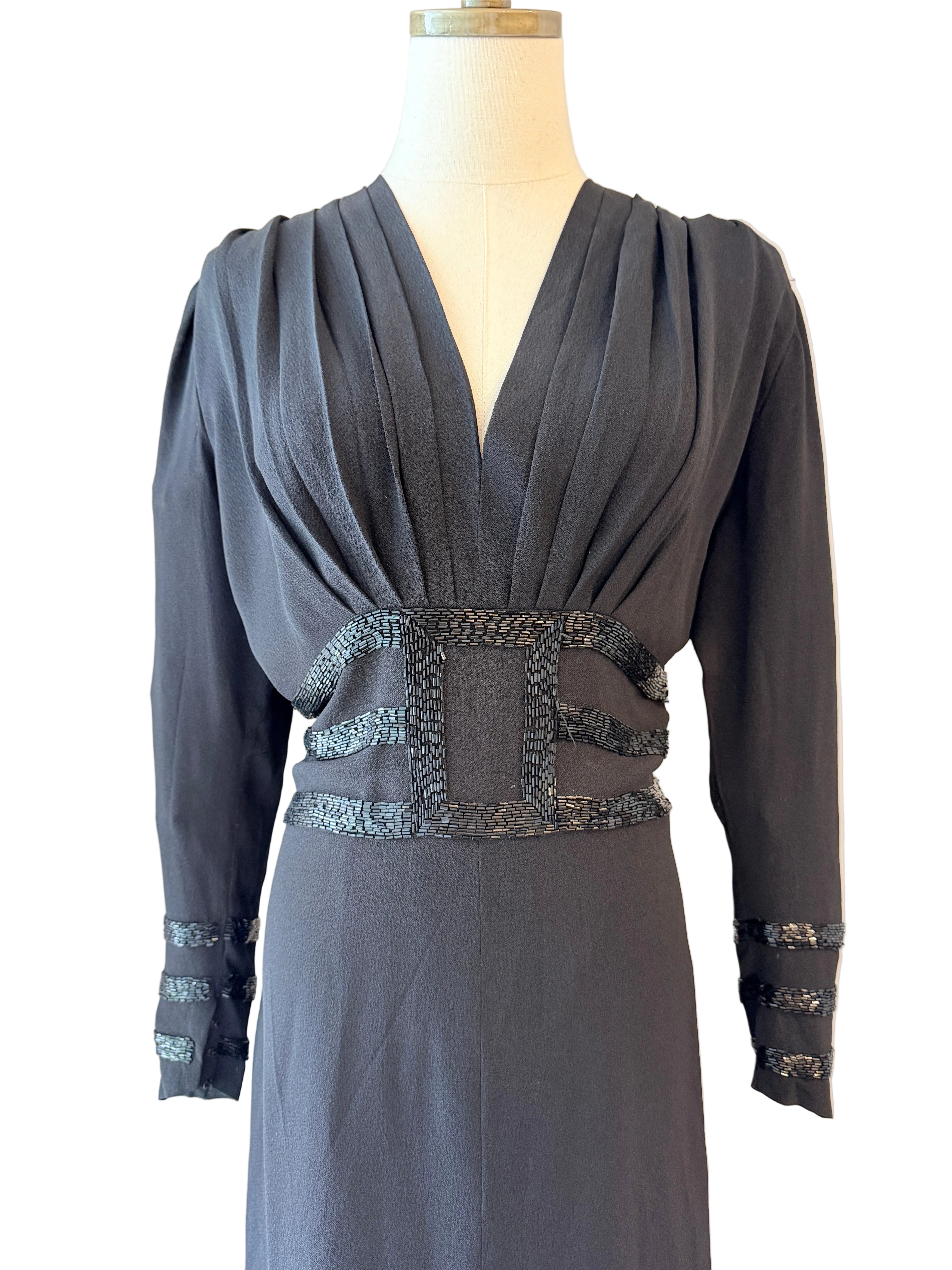 1930s Black Rayon Evening Gown with Bugle Bead Detail & Front Slit