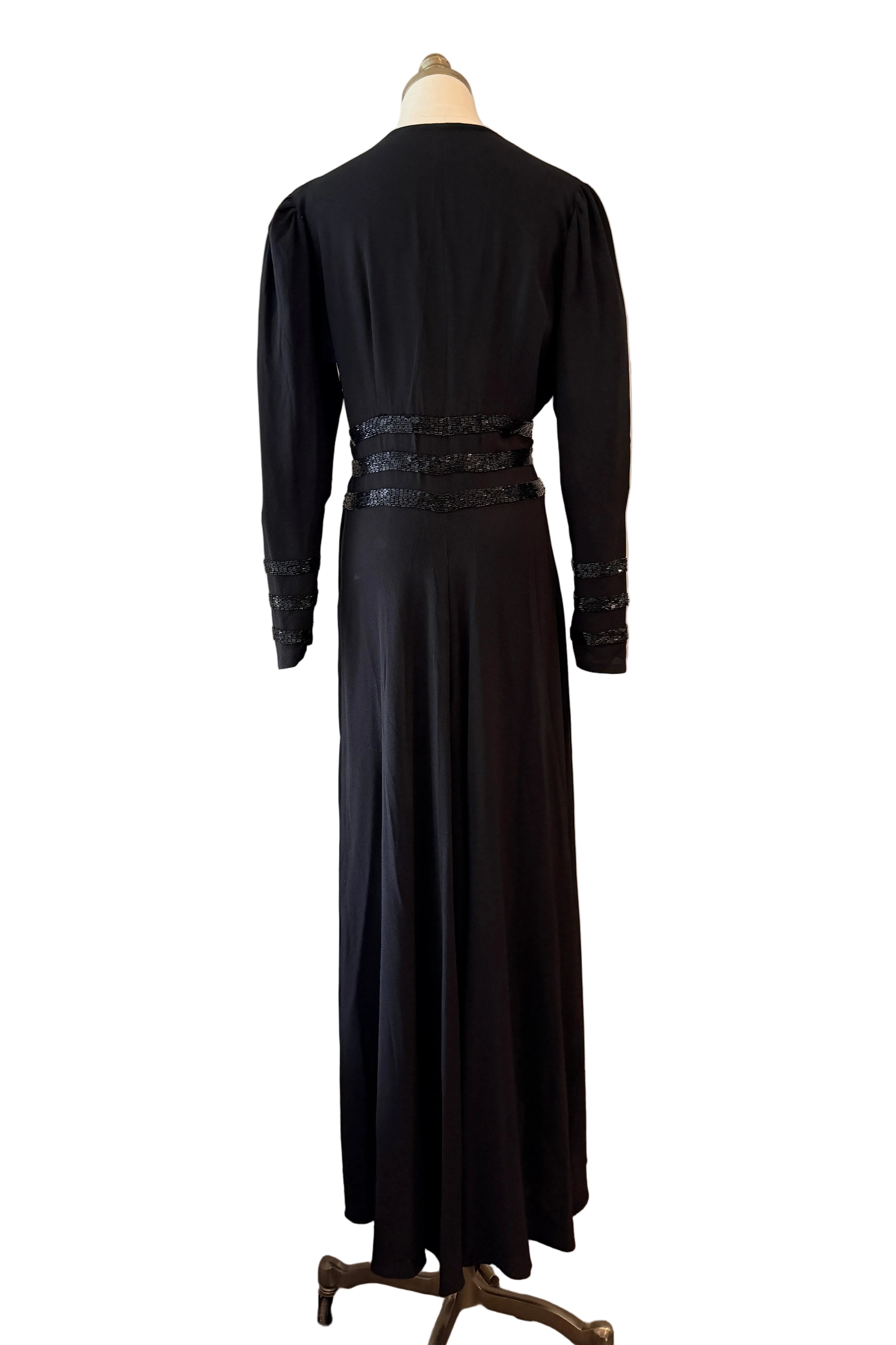 1930s Black Rayon Evening Gown with Bugle Bead Detail & Front Slit