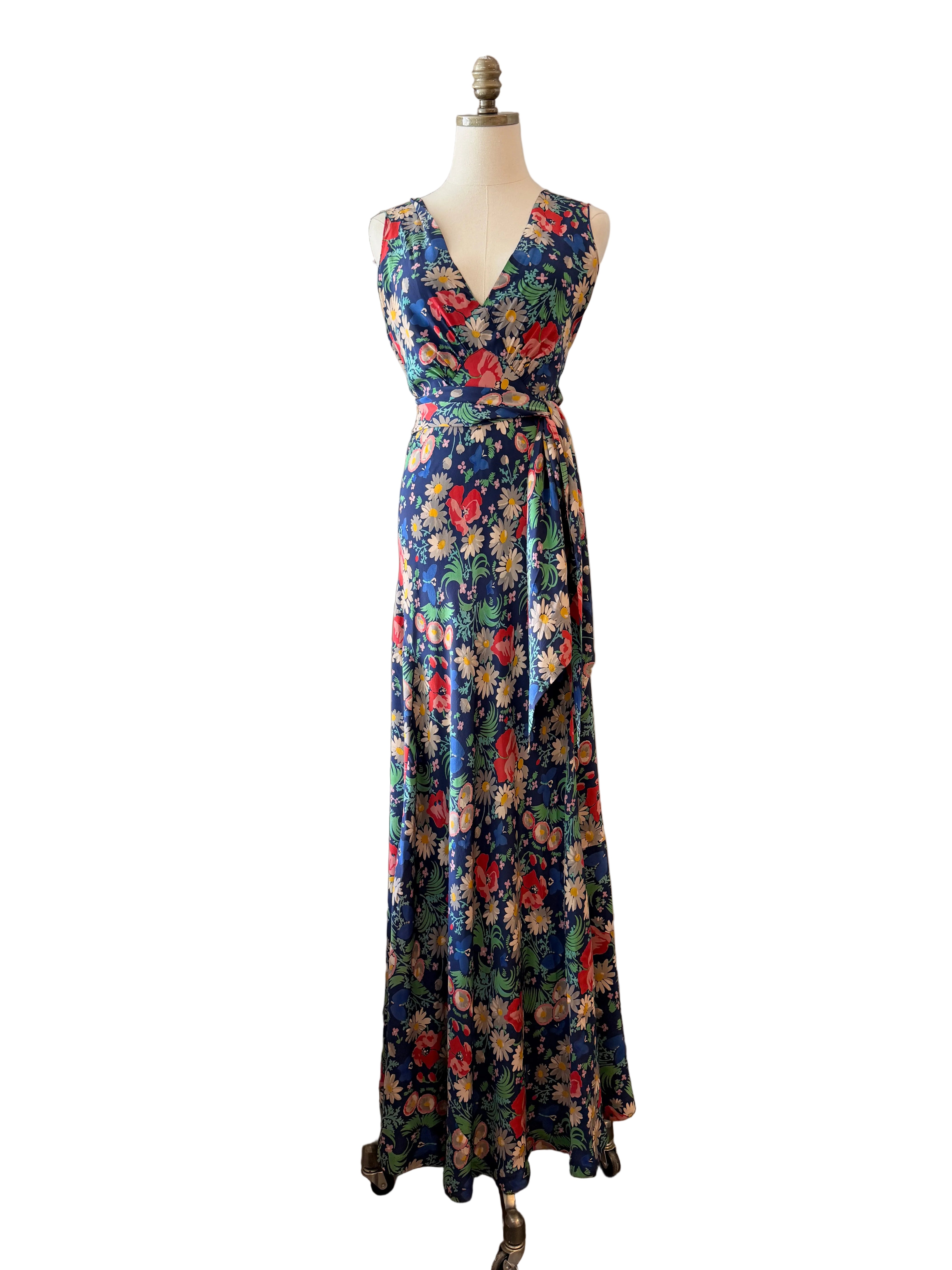 1930s Navy Silk Bias-Cut Floral Gown with Front & Back V-Neck and Sash Waist