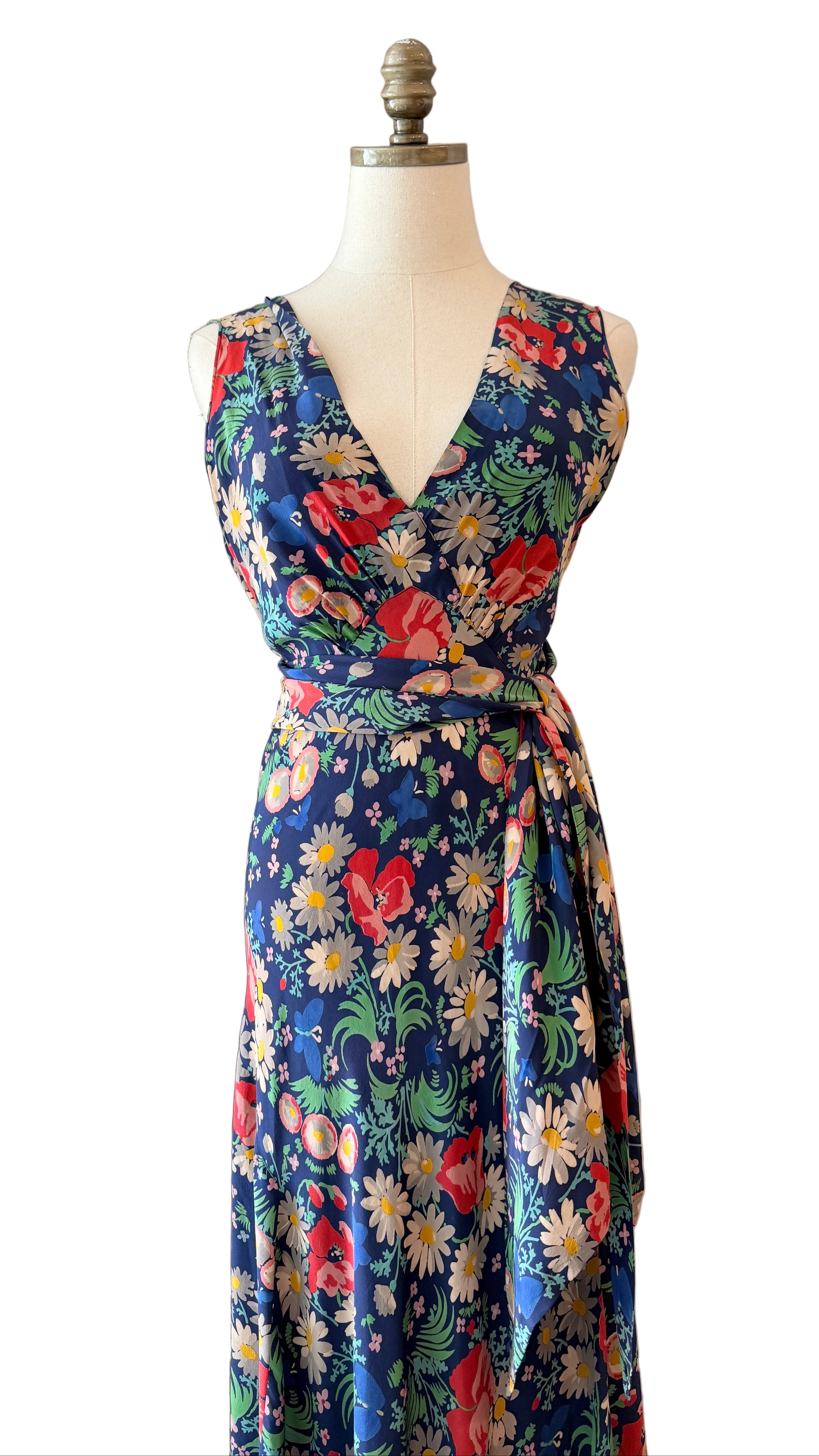 1930s Navy Silk Bias-Cut Floral Gown with Front & Back V-Neck and Sash Waist