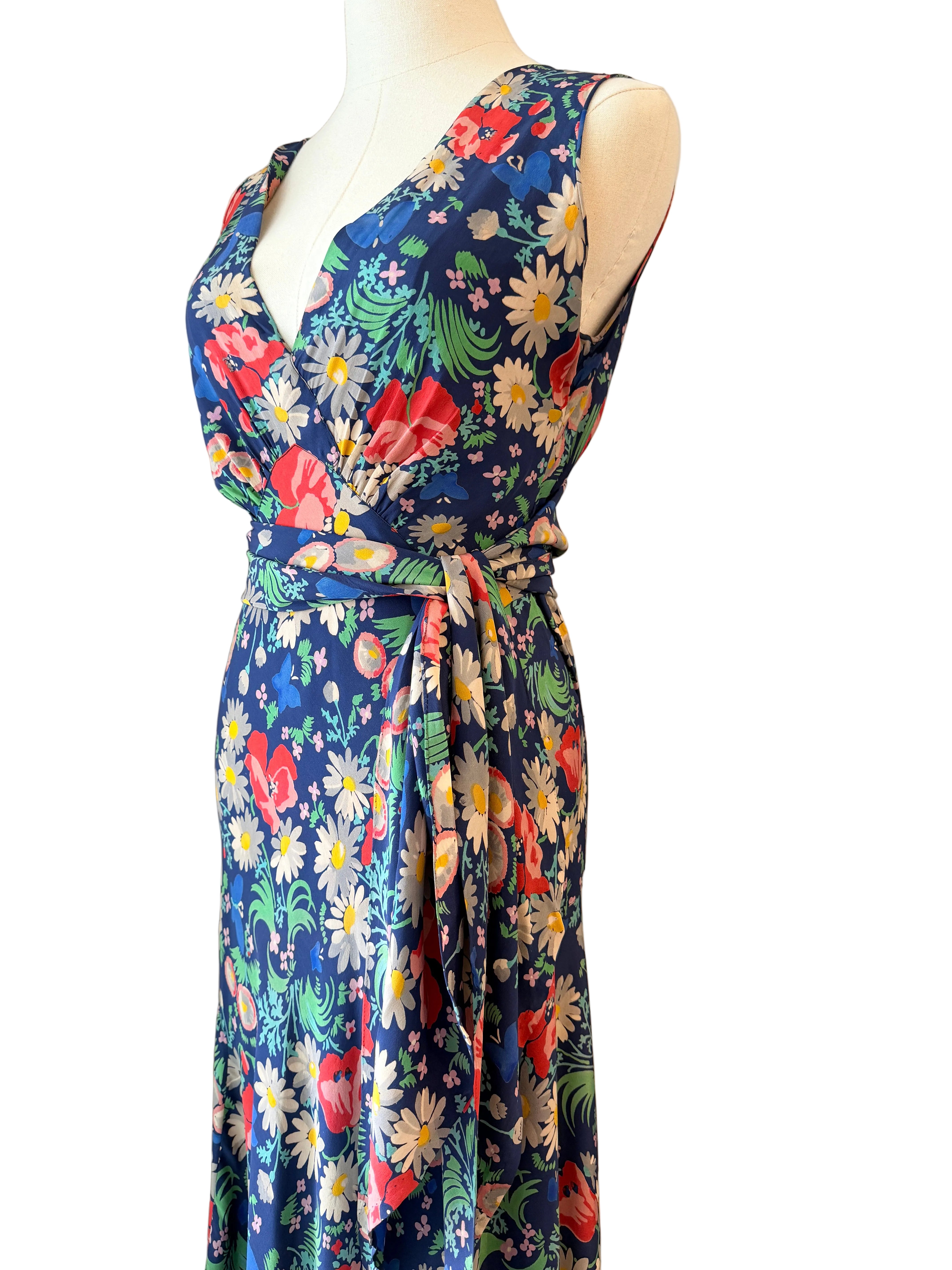 1930s Navy Silk Bias-Cut Floral Gown with Front & Back V-Neck and Sash Waist